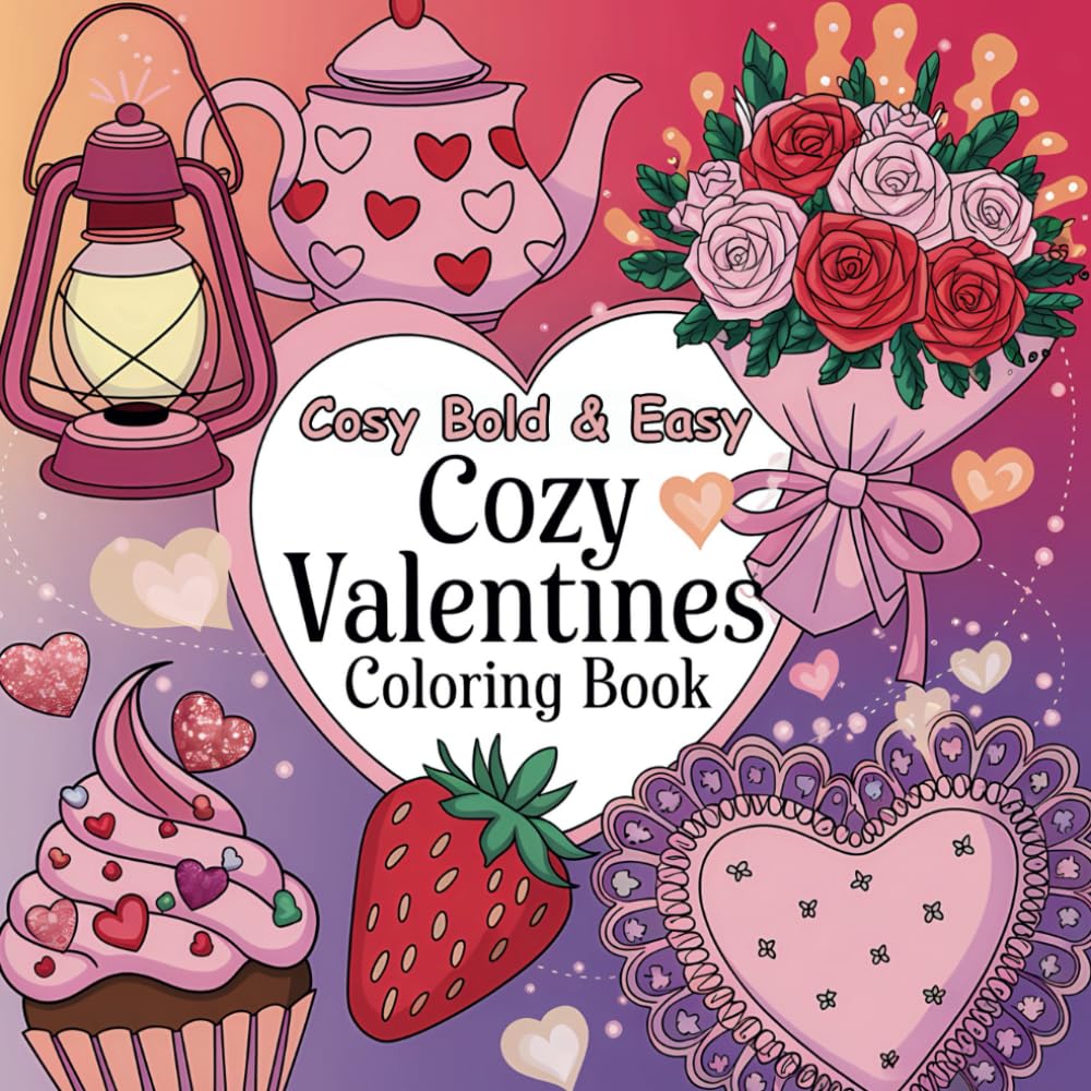 Cosy Bold & Easy Valentines Coloring Book: For Adults and Teens, Super Cute Designs of Cozy, Hygge Spaces for Relaxation