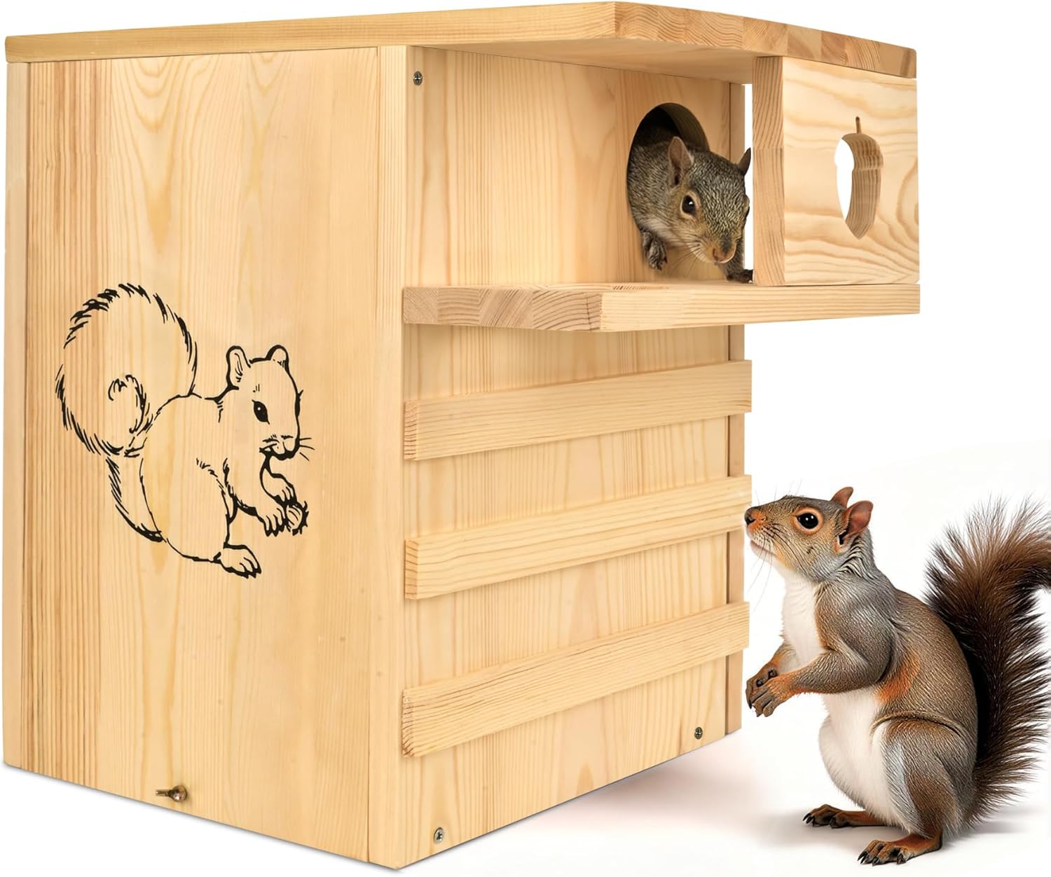Large Squirrel House for Outside, Premium Pine Wood Squirrel House with External Platform, Large Squirrel Nesting Box for Squirrels Chipmunks and Small Animals