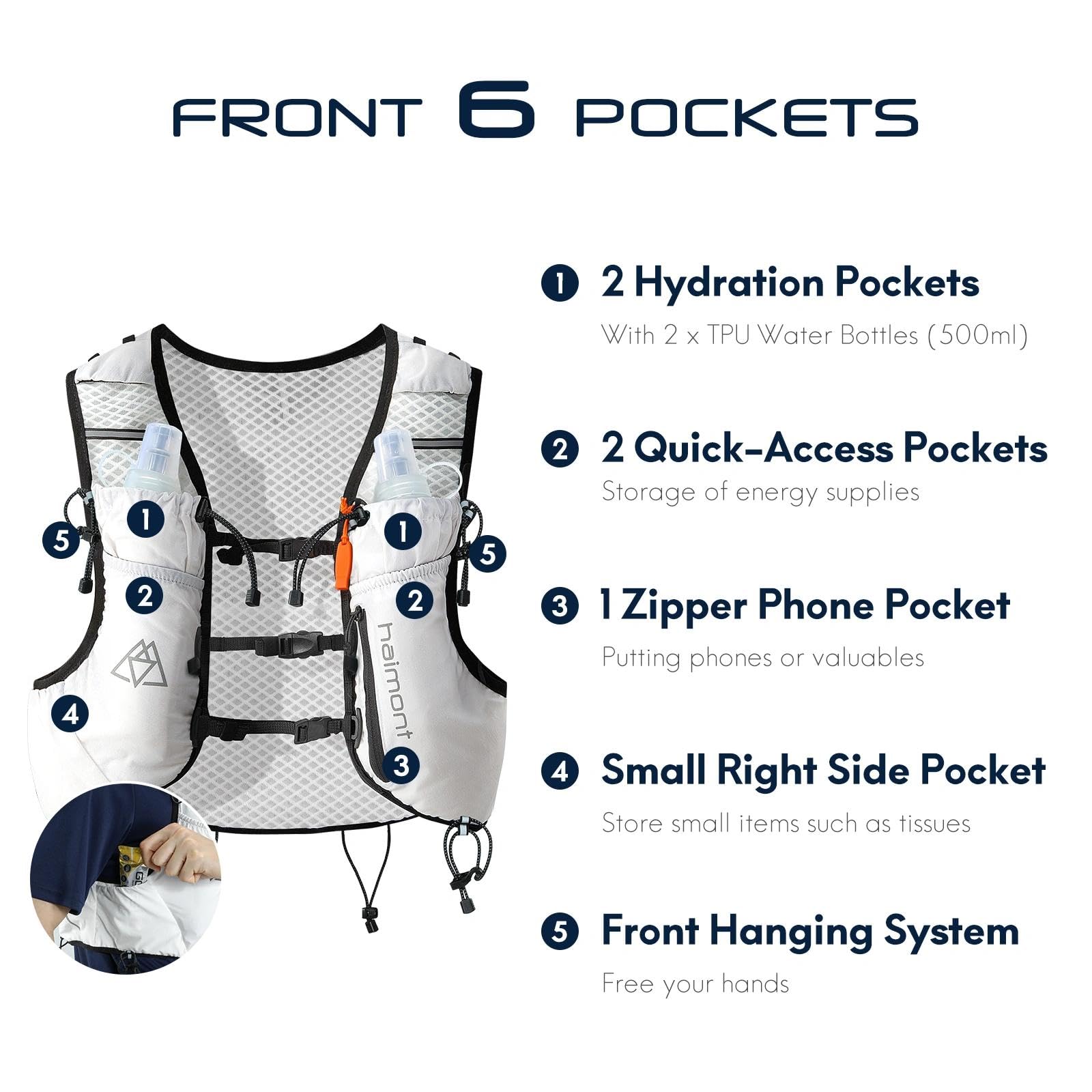 Haimont Gilet de course, d'hydratation, léger, pour homme et femme, avec 2 gourdes, pour la course, la randonnée, le jogging, le trail, 8 l