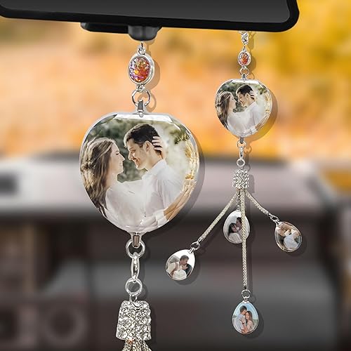 Miniatura 1 de Adornos colgantes de cristal con foto personalizada para automóvil, accesorios personalizados para espejo retrovisor para mujeres y hombres