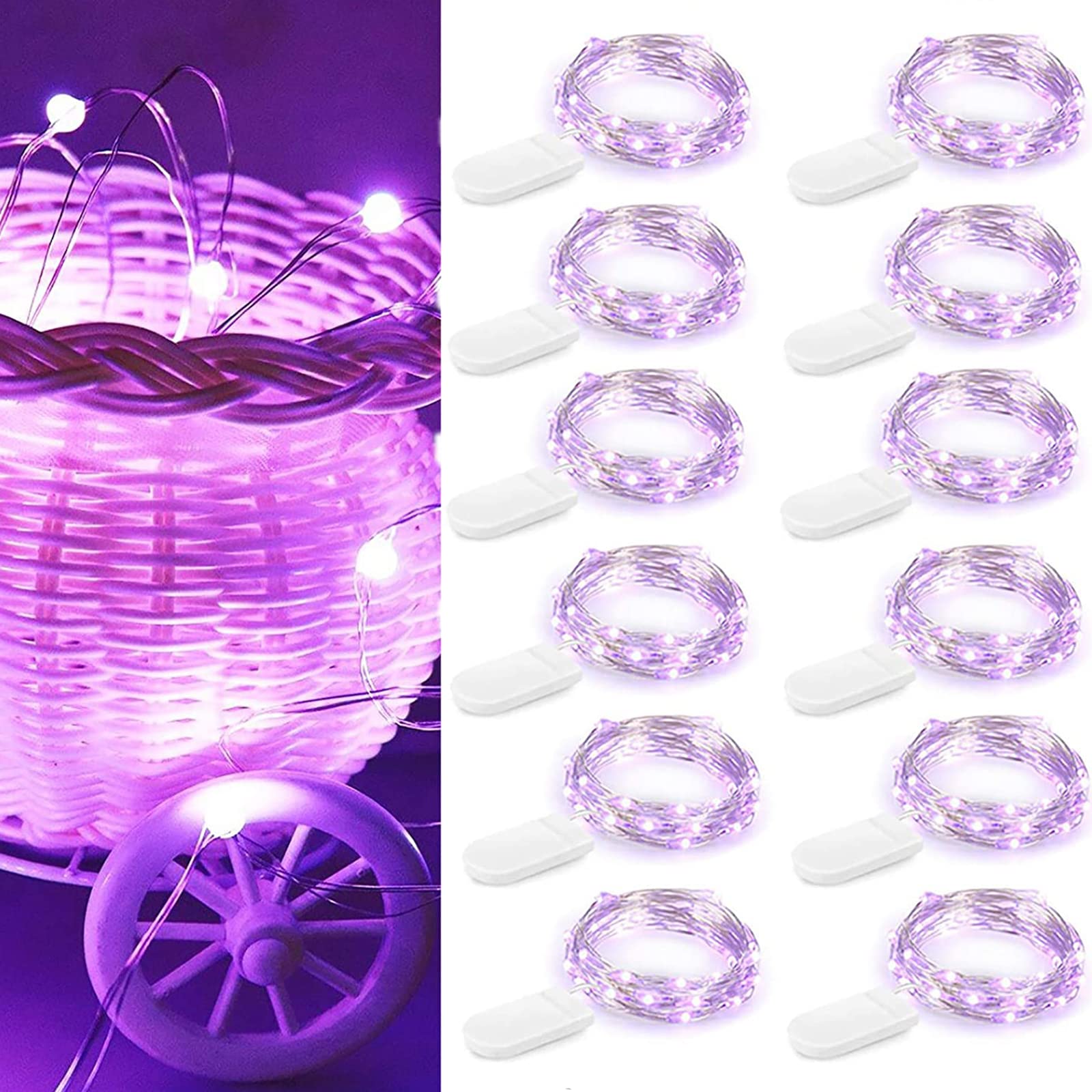 Guirnalda de luces con pilas, 12 unidades, 2 m, 20 ledes, impermeables, para dormitorio, boda, decoración de Navidad, color morado