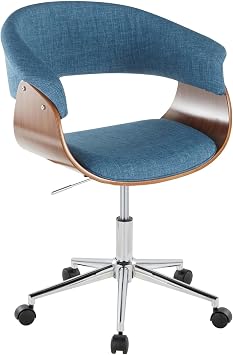 LumiSource Vintage Mod Office Chair, Home Office Chair with Wheels, Wooden Desk Chair, Computer Chair, Home Office Desk Chair Comfy, Mid Century Modern Desk Chair Walnut Wood, Blue Fabric