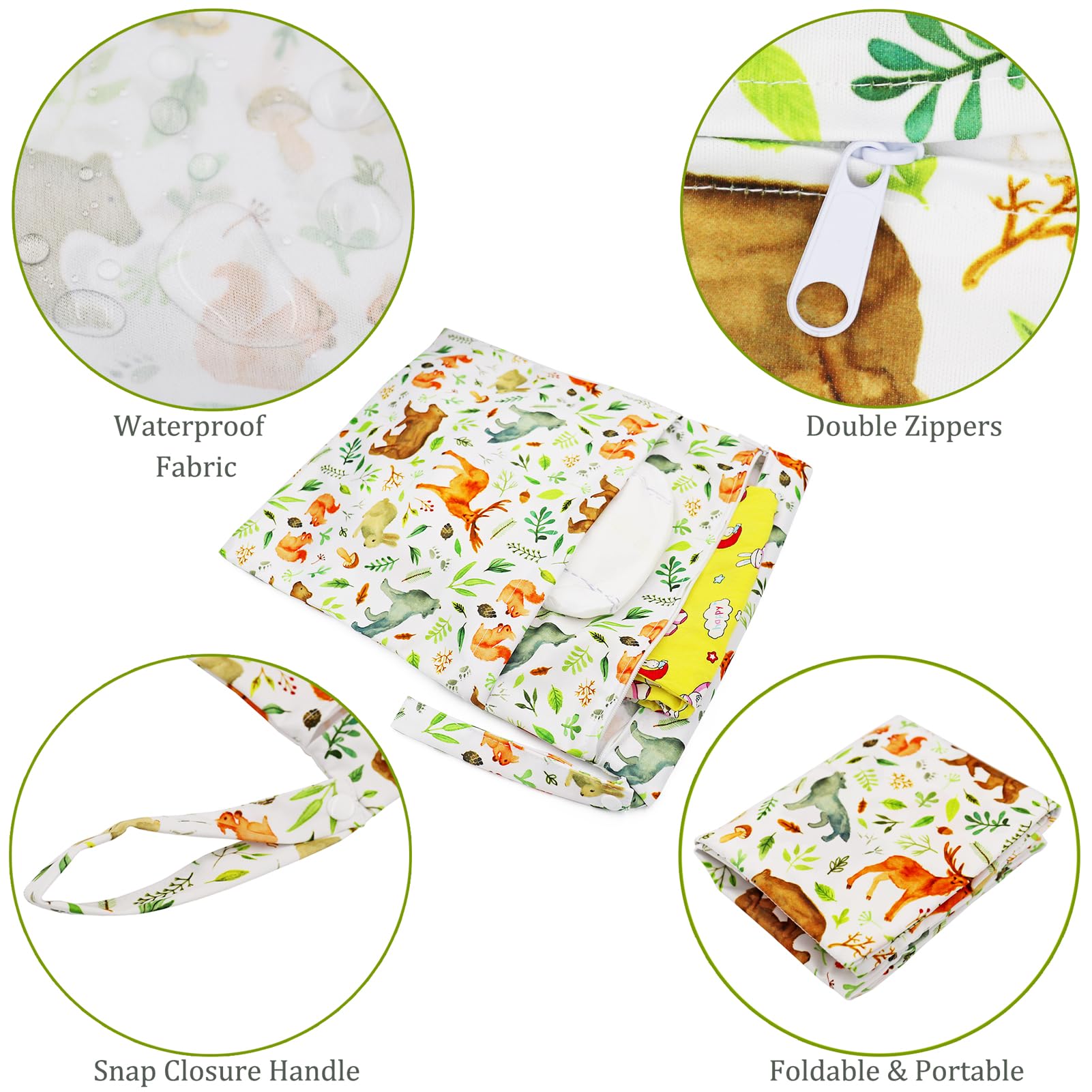 Wet Bag, Wet Dry Bags for Cloth Diapers Nappy Daycare Organiser Storage Bags, Waterproof Washable Reusable Zipper Bag (White Animal) - 4