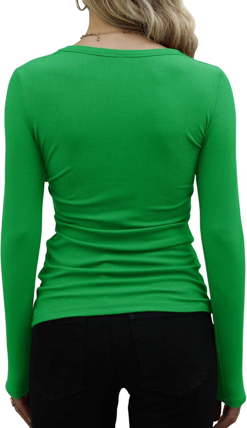 GEMBERA Womens Ribbed Long Sleeve Crewneck Casual Slim Basic Shirts Fitted Knit Tops - Image 2