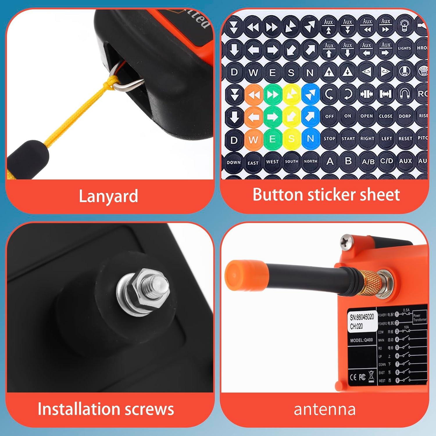 Kit accessories including lanyard, button stickers, screws, and antenna