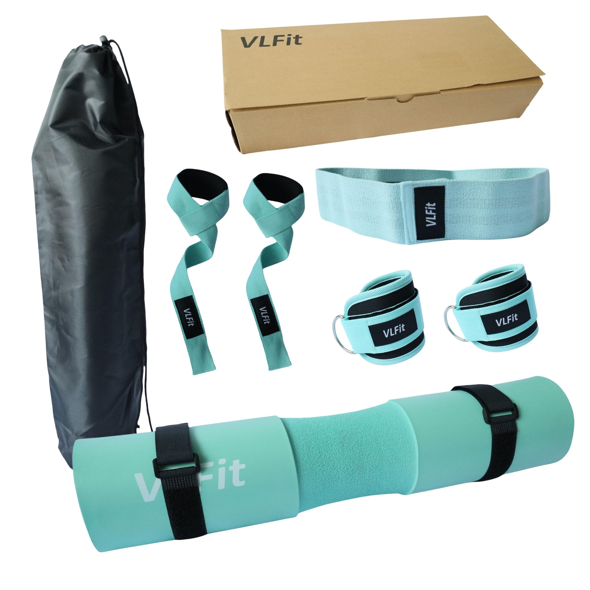 VLFit Langhantelpolster Set,Kniebeugen Bankdrücken, inklusive dick gepolstertem Hüft-Thrusts-Pad mit Tragetasche, Gewichthebergurten, Hüftwiderstandsband und 2 Knöchelriemen für Kabelzugmaschinen