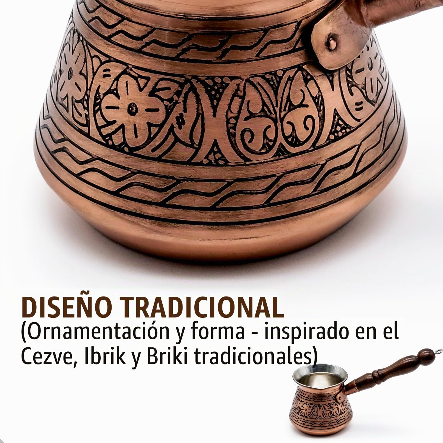 Jarra moca hecha a mano de 450 ml de cobre de 2 mm de grosor grabada - Cafetera turca - Cezve - Ibrik - Briki - para 5 personas