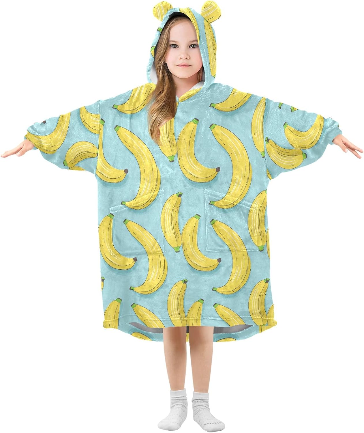 Cartoon Fresh Banana Wearable Blankets for Kids, Soft Warm Cozy Blanket Hoodie for Boys Girls with Pocket