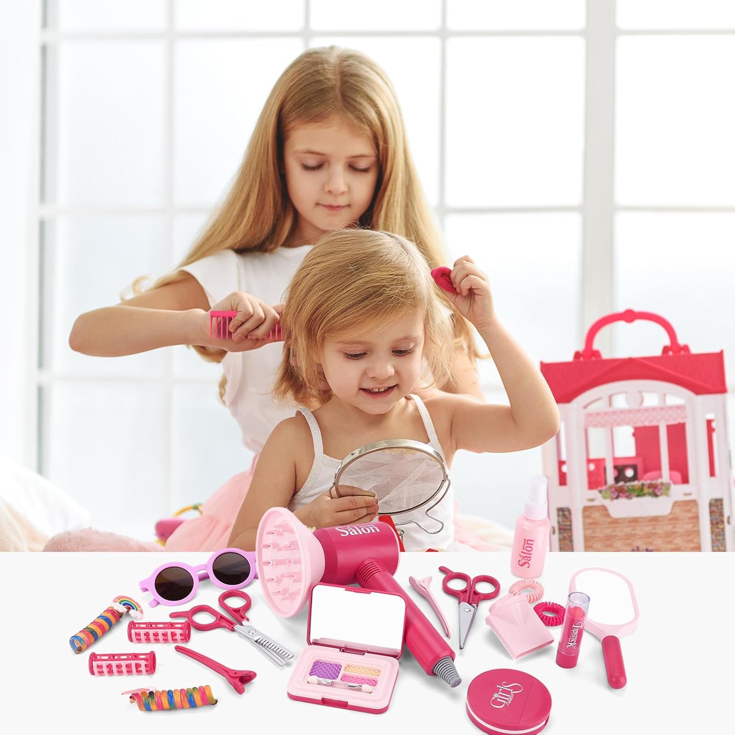 Set di Parrucchieri per Bambini Realistico,Set da Parrucchiere per Bambini,Set Parrucchiera con Asciugacapelli e Altri Accessori,Giochi di Ruolo Regali per Bambinis 3 Anni+