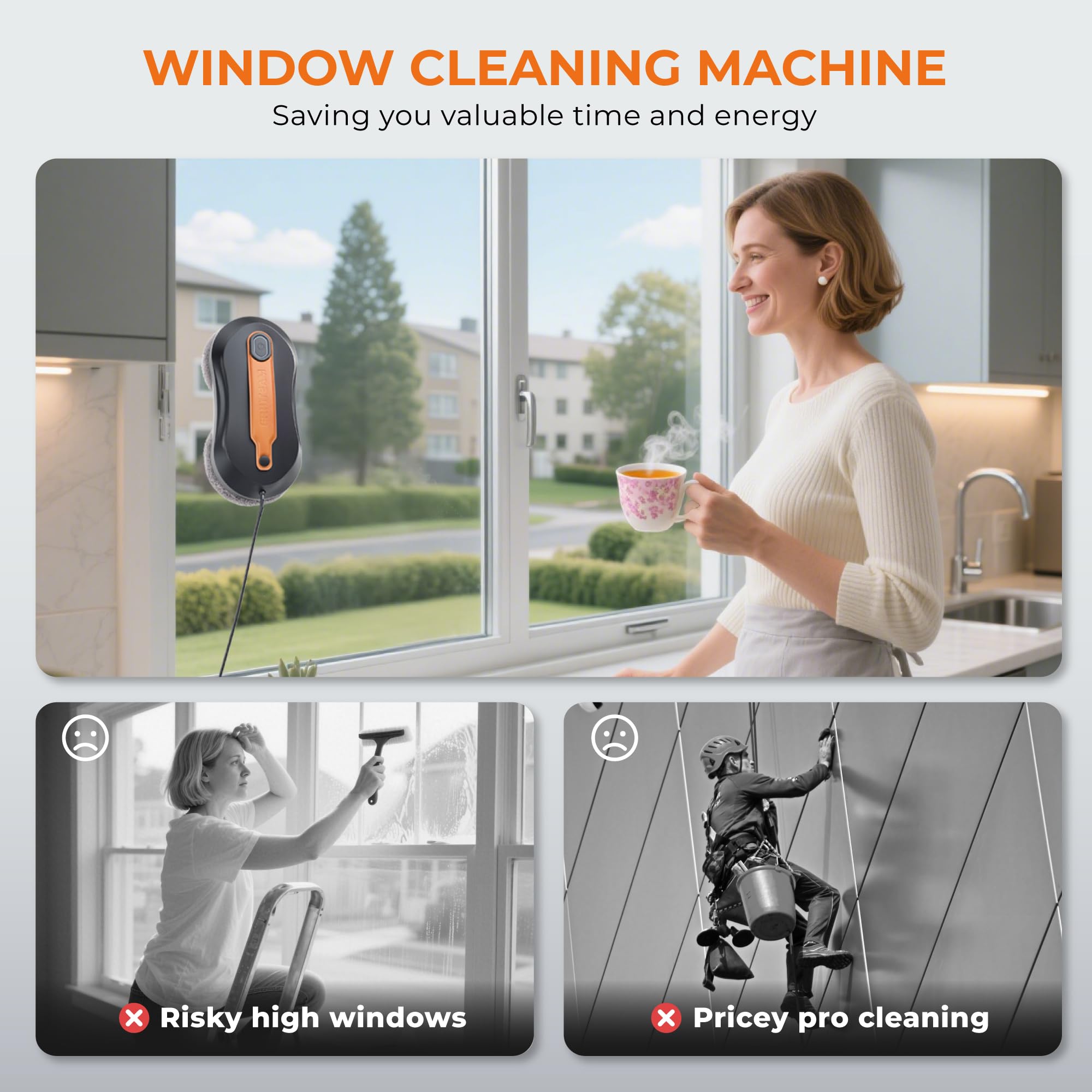 Robot de limpieza de ventanas con rociador de agua doble, aplicación y control remoto, robot de limpieza inteligente automático de vidrio con cinturón de cuero para marco de vidrio, sistema 6