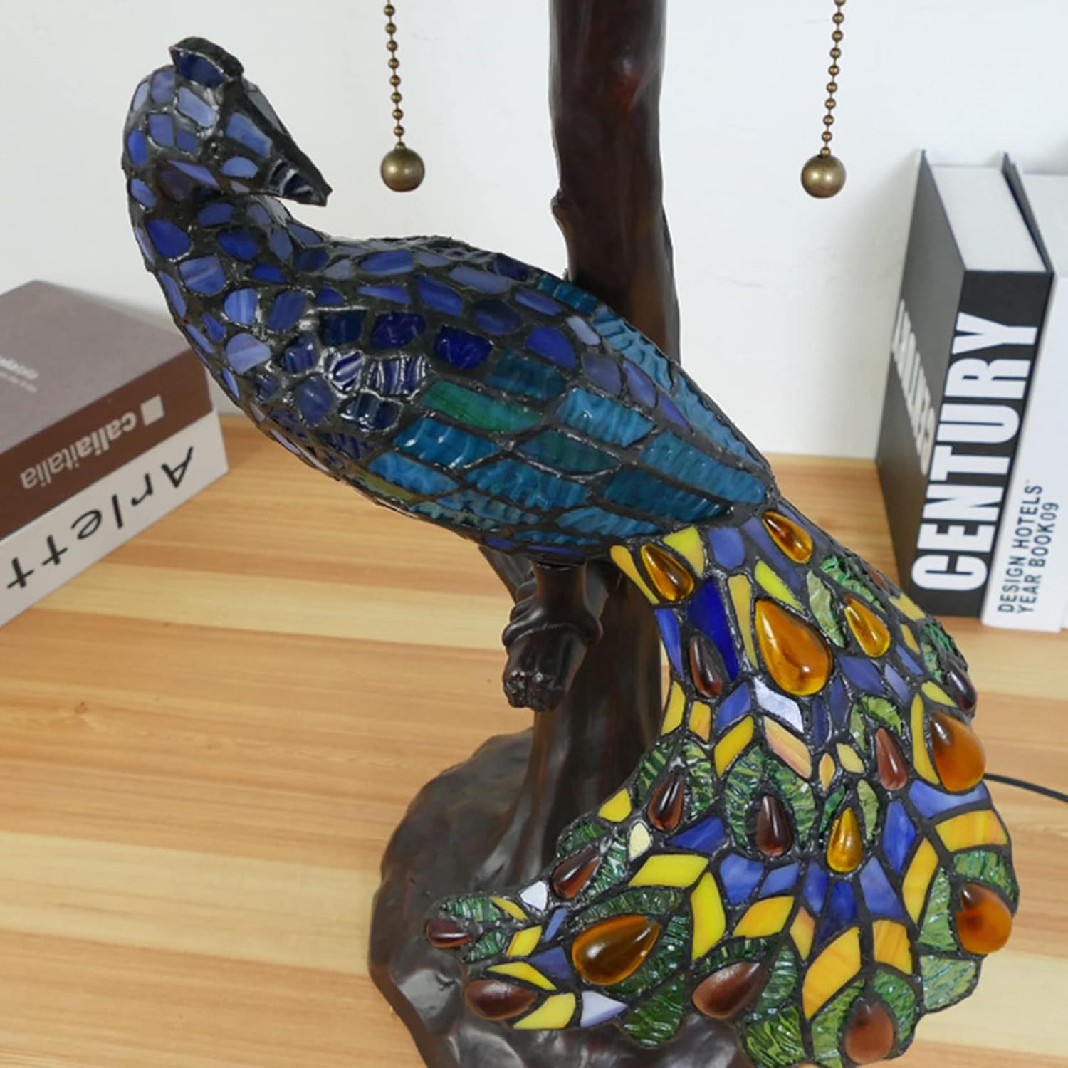 18" Stained Glass Peacock Table Lamps Dragonfly Rose Flowers Tiffany Style Peacock Night Desk Light Resin Reading Lamps for Girl Lover Living Room Bedside Bedroom E27 5 Light,Blue hat