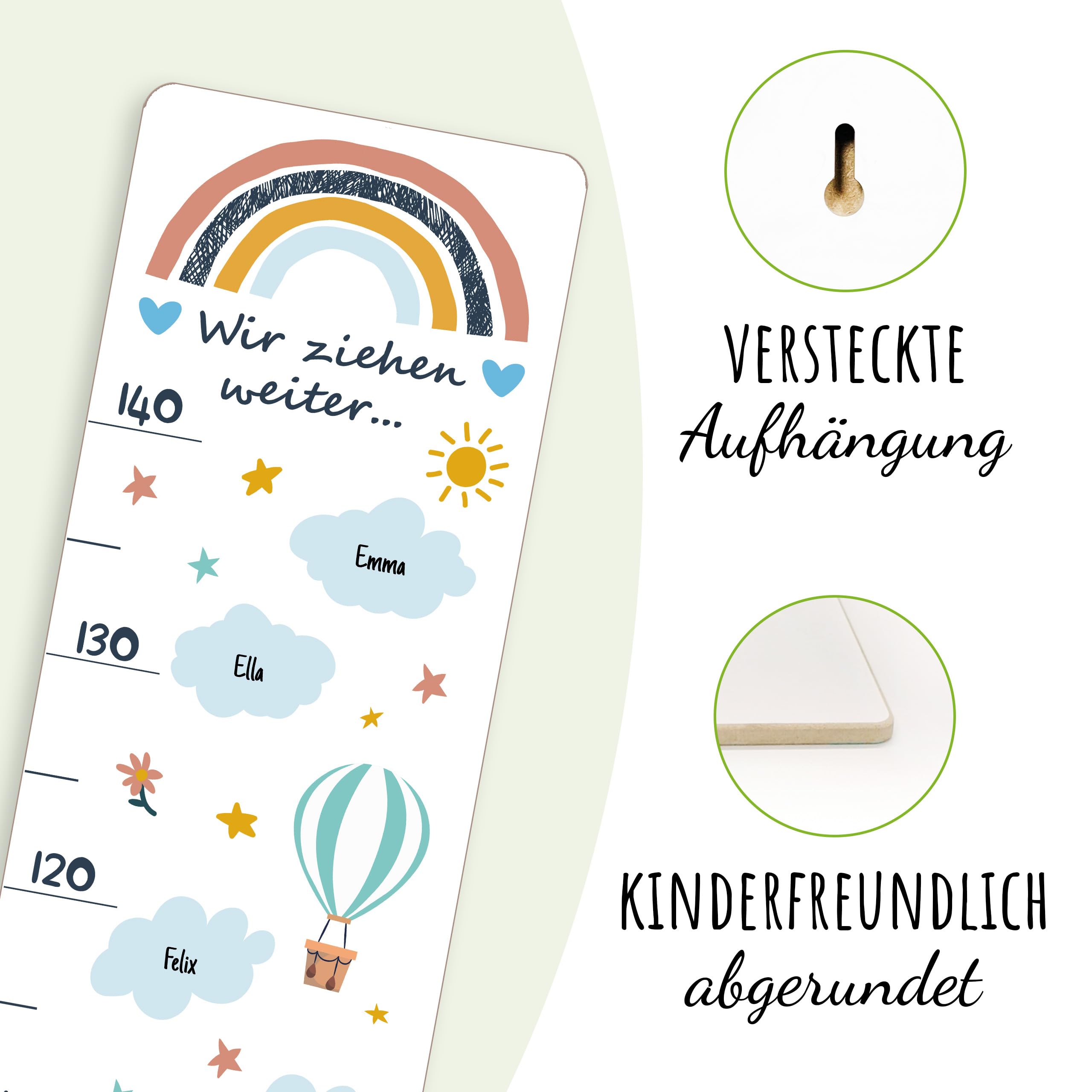 Holzura Messlatte aus Holz Personalisierbar mit Kindernamen, Wolken Design, Abschiedsgeschenk für Erzieher