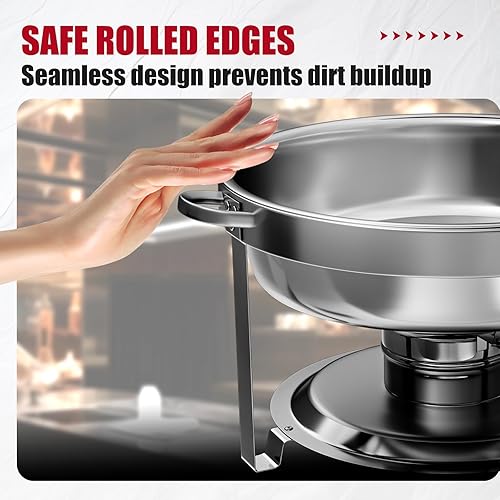 Miniatura 7 de Juego de 6 platos de bufé de hoguera, de acero inoxidable redondo de 5 cuartos para catering, juego mejorado de chafers y calentador de buffet con