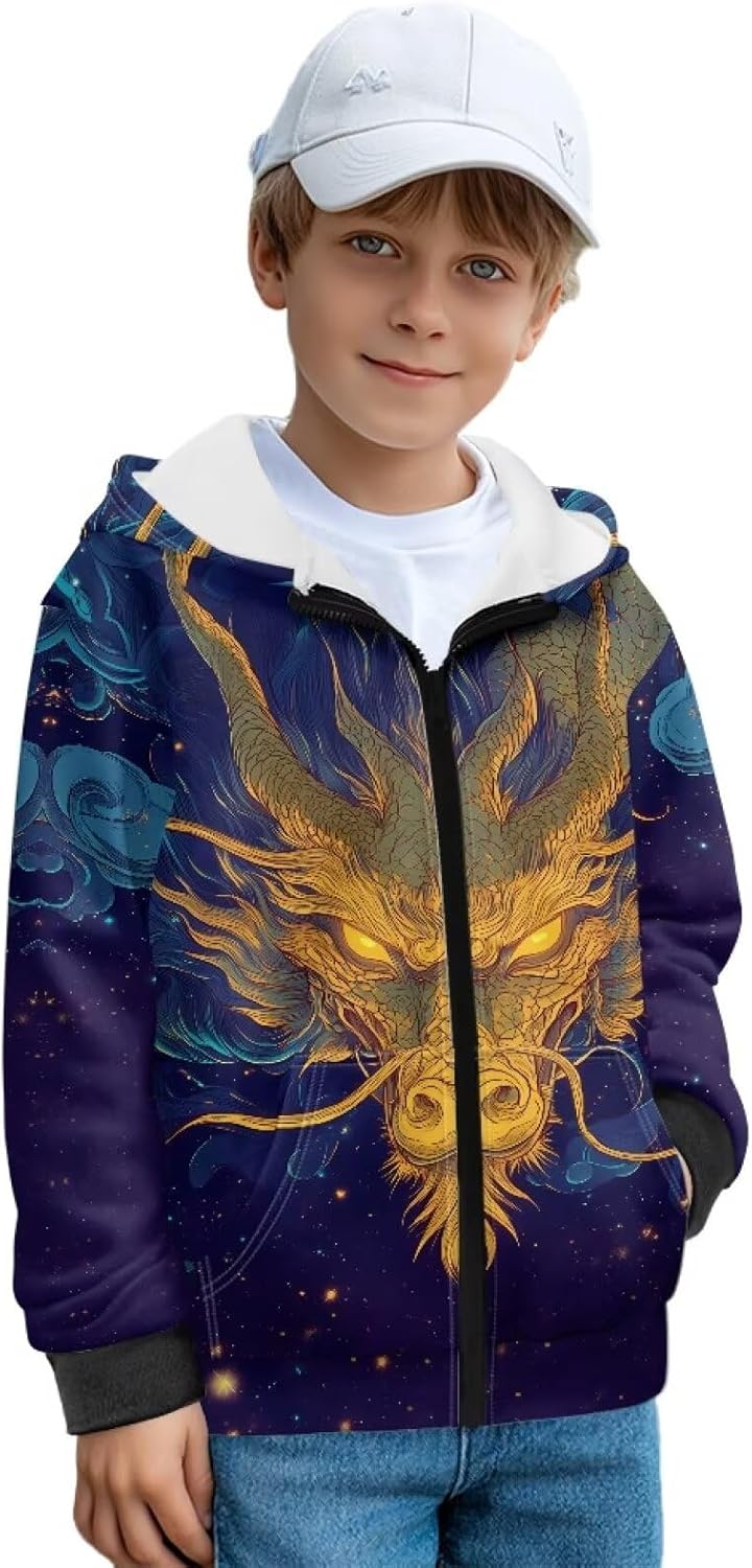 Boys Zipper Hooded Sweatshirt Fashionable Fleece Hoody Coat with Pockets Age 6-16