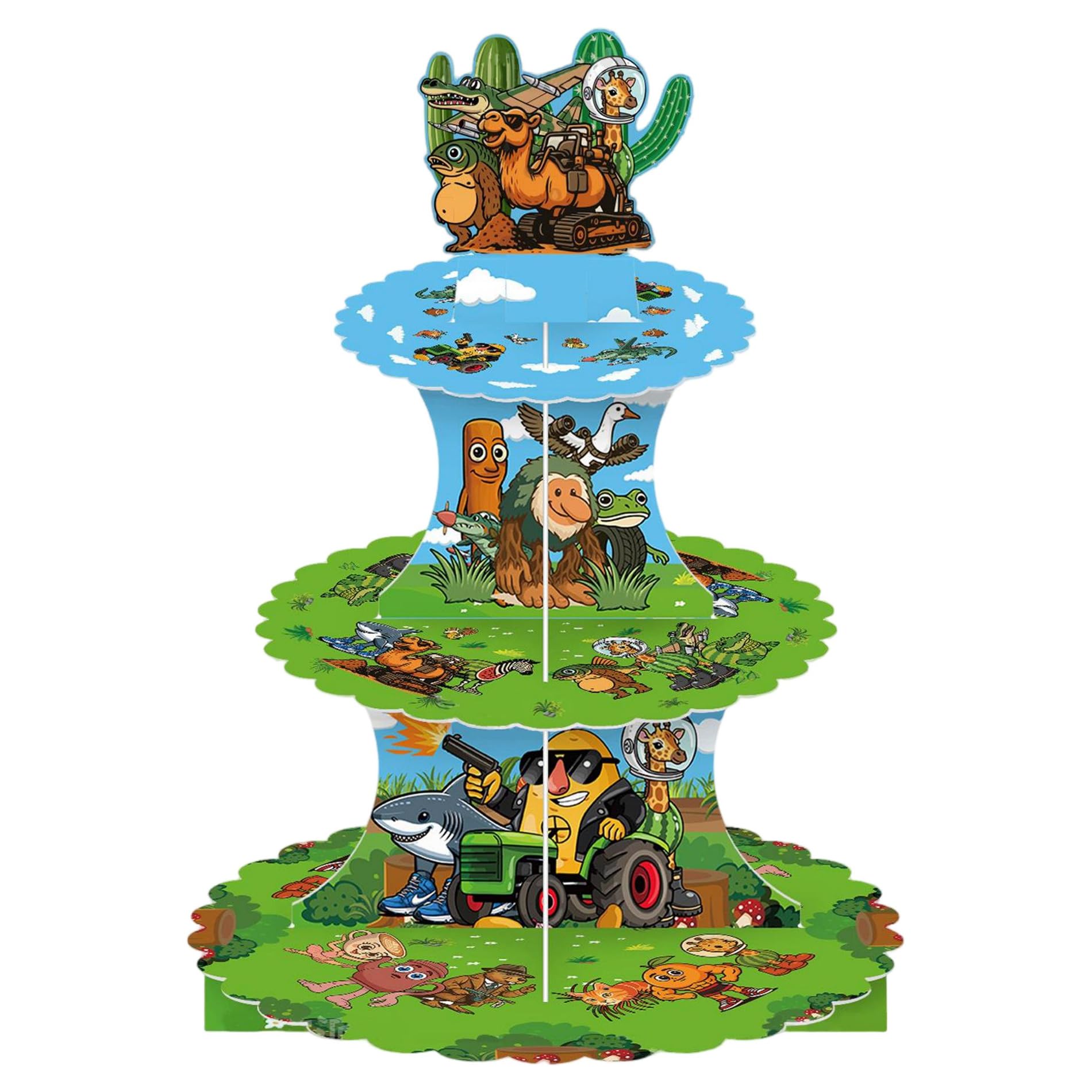 Koongso Green Italian Brainrot Cake Stand, Brain Rot 3-Tier Cardboard Cupcake Tower Memes Dessert Pastry Tray, Brainrot Birthday Party Decoration Supplies