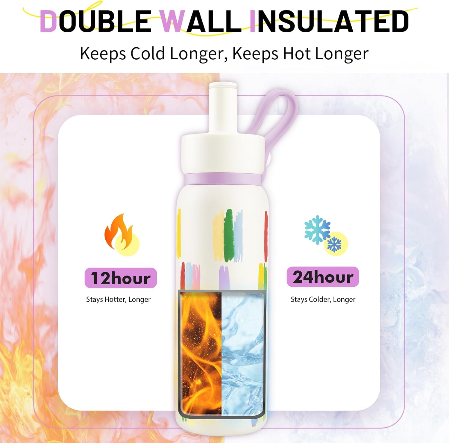 24 oz Insulated Water Bottle with Straw & Handle, Cute Double Wall Vacuum Stainless Steel Tumbler, Fits Car Cupholder, Leak Proof Water Flask Jug for Travel, Camping, Gym and School (Rainbow)