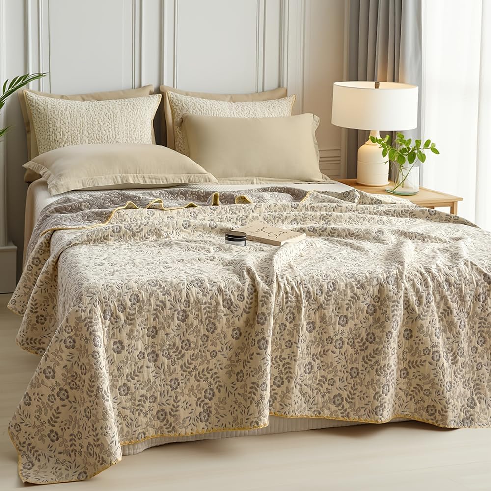 Cotton Muslin Blanket for Adults Full Size Quilt 4-Layer Vintage Floral Grey Reversible Lightweight Breathable Bed Blanket for Couch Bed Summer Air Conditioner Coverlet (Floral Grey, 80 x 90 in)