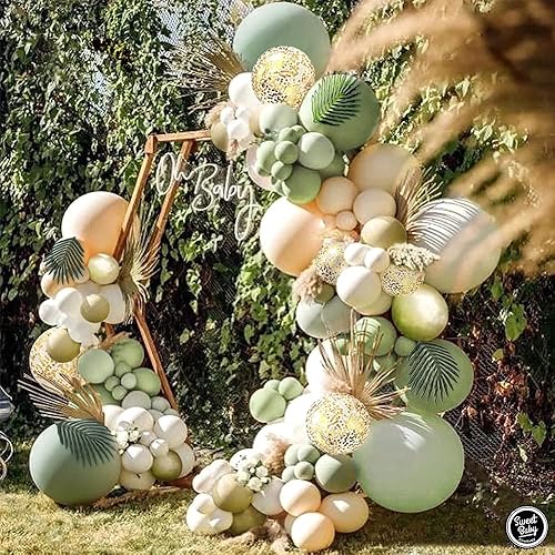 Miniatura 3 de Sweet Baby Co. Kit de arco de guirnalda de globos verde salvia con eucalipto oliva, melocotón, globos dorados y vegetación para safari en el bosque,