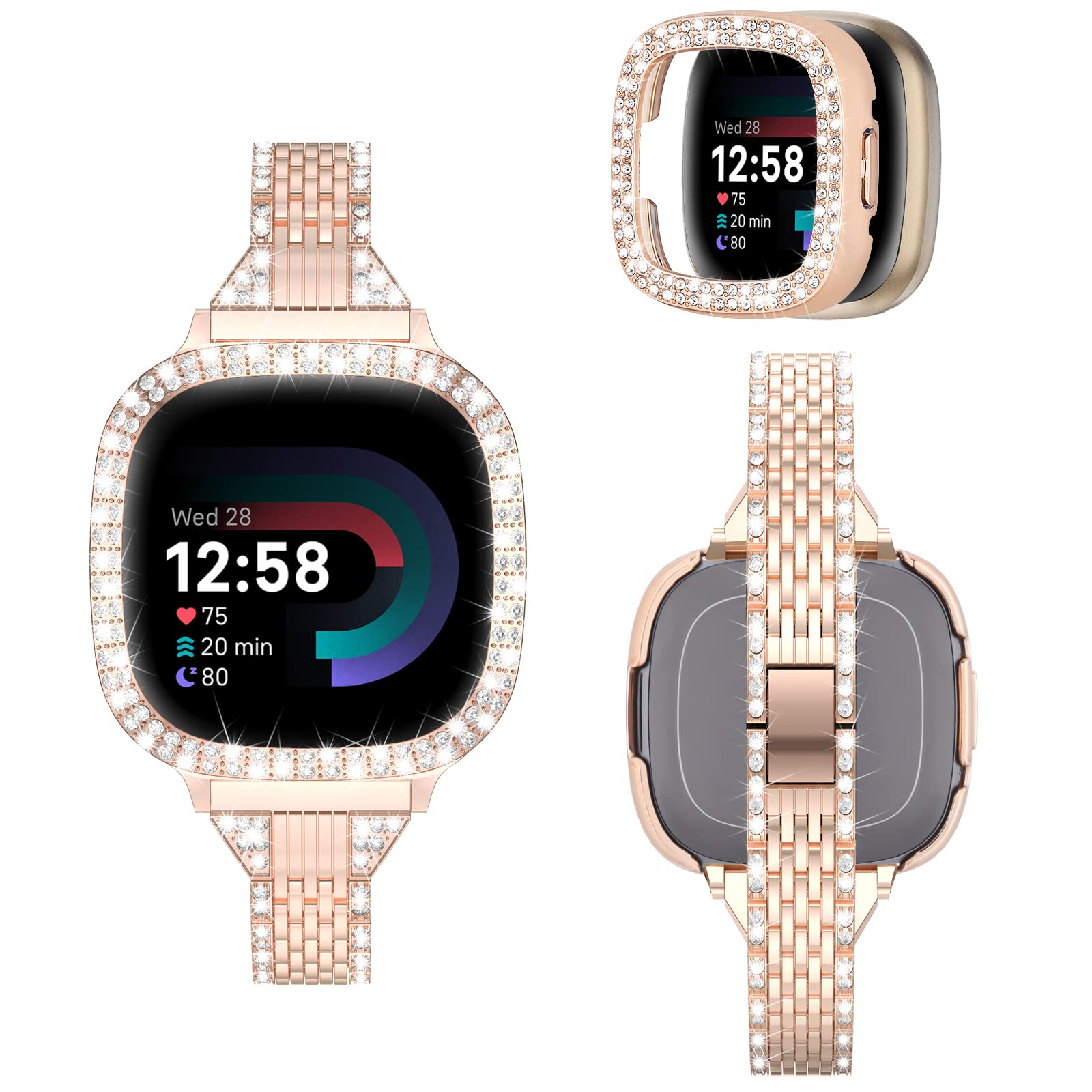 MOFREE Compatible for Fitbit Versa 4 Bands/Fitbit Sense 2 Bands Women with Hard Bling Bumper Protective Case Cover, Dressy Jewelry Diamond Rhinestone