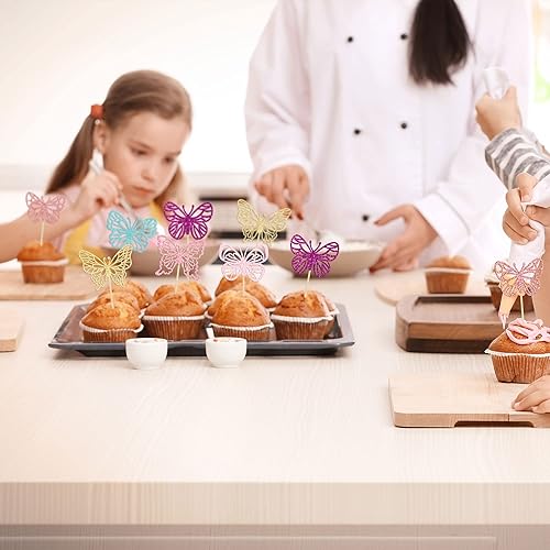 Miniatura 6 de Gyufise 36 adornos de mariposa para cupcakes con purpurina montada de mariposa para baby shower, decoración para bodas, compromisos, despedidas de