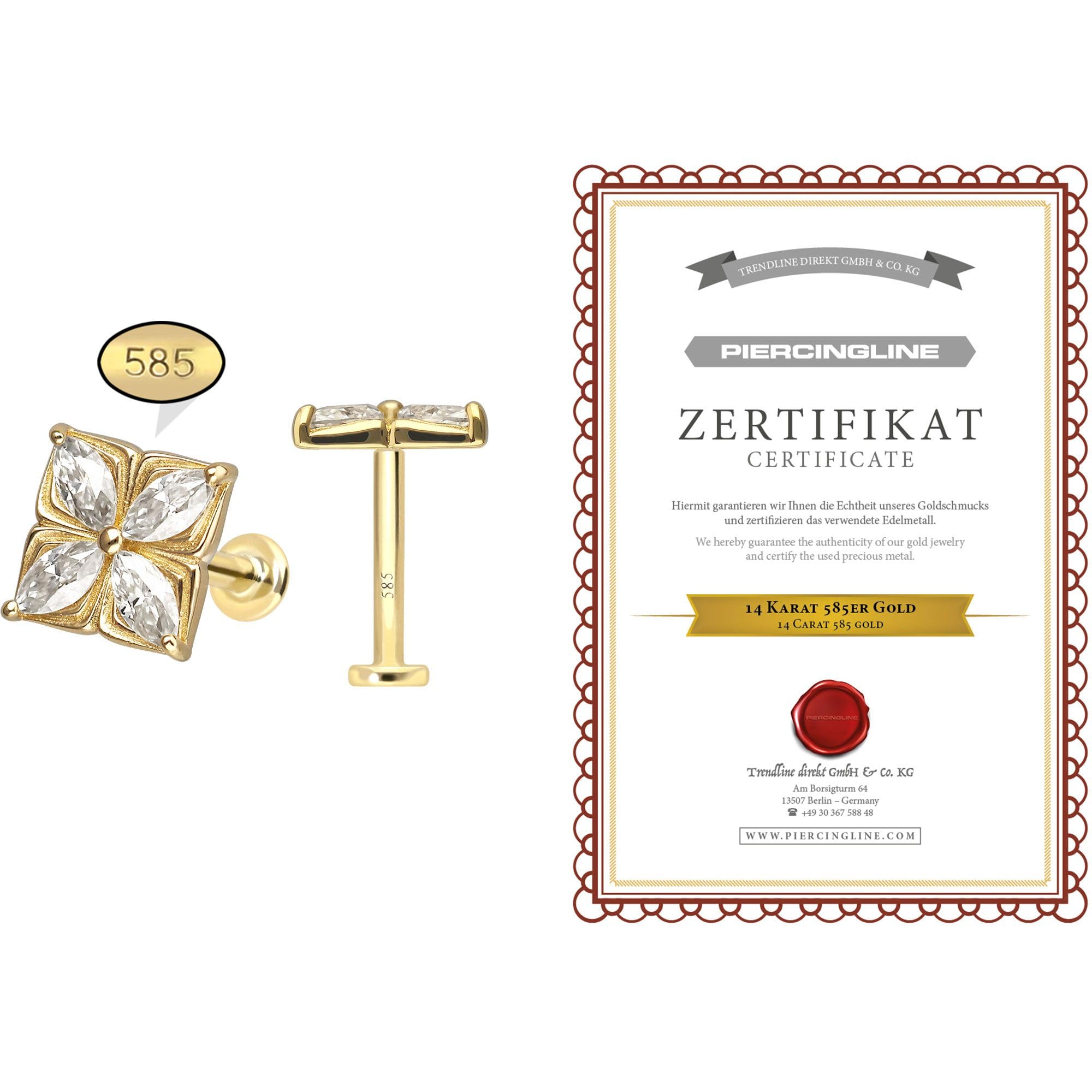 PIERCINGLINE Piercing Stecker 14 Gold Labret mit Innengewinde MOISSANIT-BLUME 585er Gold - Roségoldfarben, Goldfarben, Silberfarben