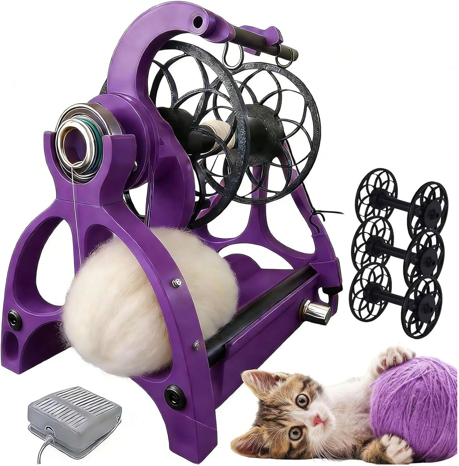Smart Yarn Spinner Machine,Electric Spinning Wheel,120g Capacity Pet Hair Spinner with Foot Switch & 3 Spools,Drum Carder- Forward/Reverse Switch,for Yarn Weaving Blendin(Purple)