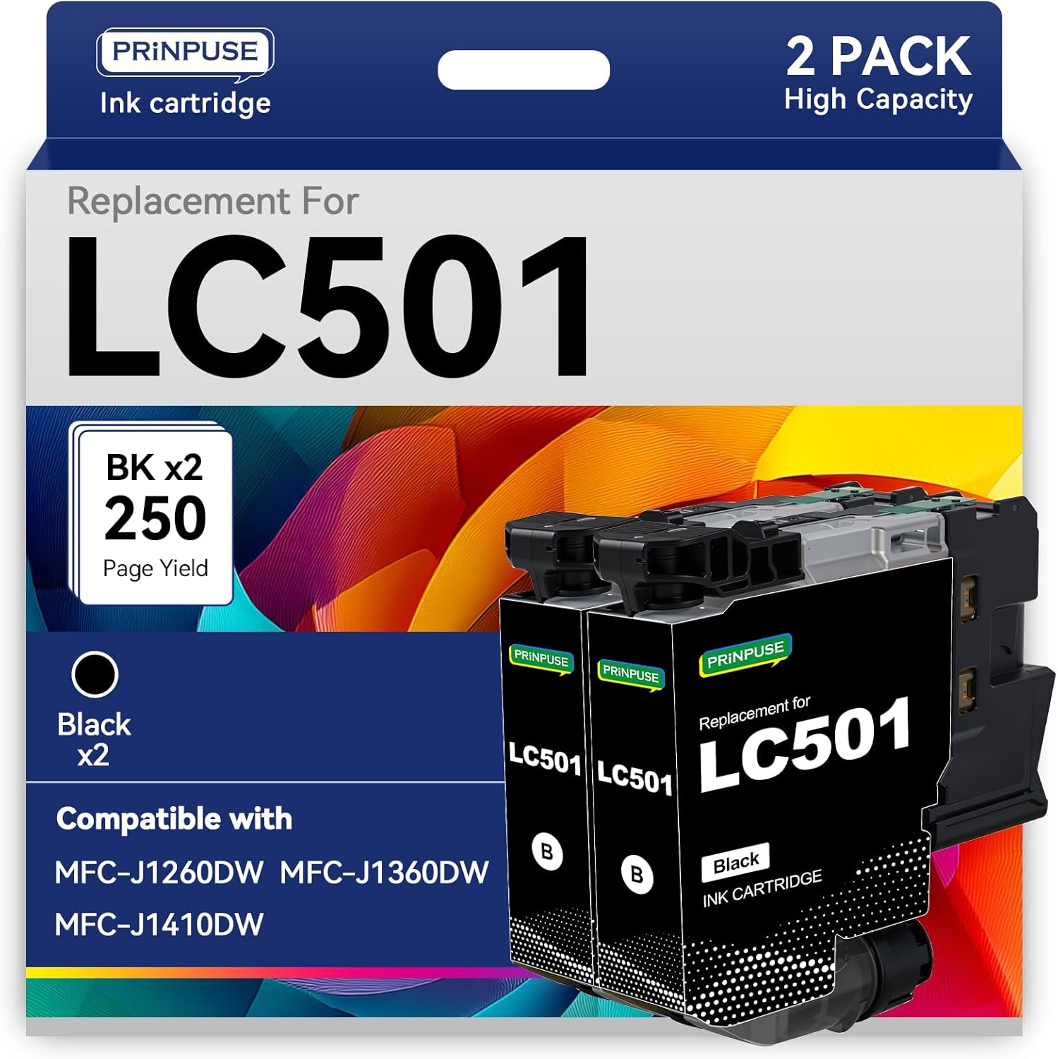 LC501 Black Ink Cartridges Compatible Replacements for Brother LC501 LC501XL Black for Brother Printer Work Smart MFC-J1260DW MFC-J1360DW MFC-J1410DW, 2 Pack