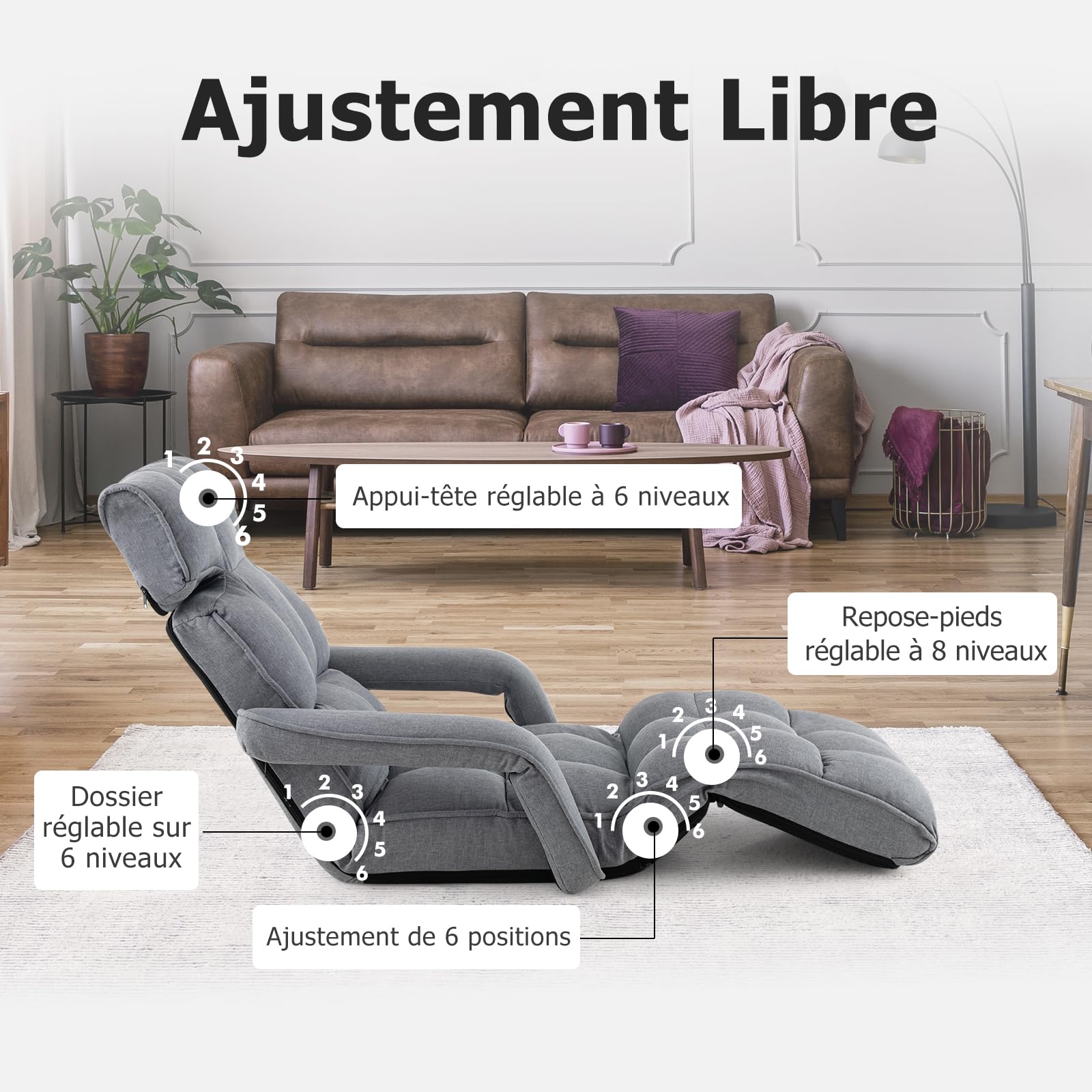 GOPLUS Fauteuil de Sol Pliable à Accoudoirs avec Tête, Dossier et Pieds Ajustables, Chaise de Sol Multifonctionnel pour Lecture, Yoga, Méditation, Canapé Paresseux Rembourré Charge 120KG (Gris)