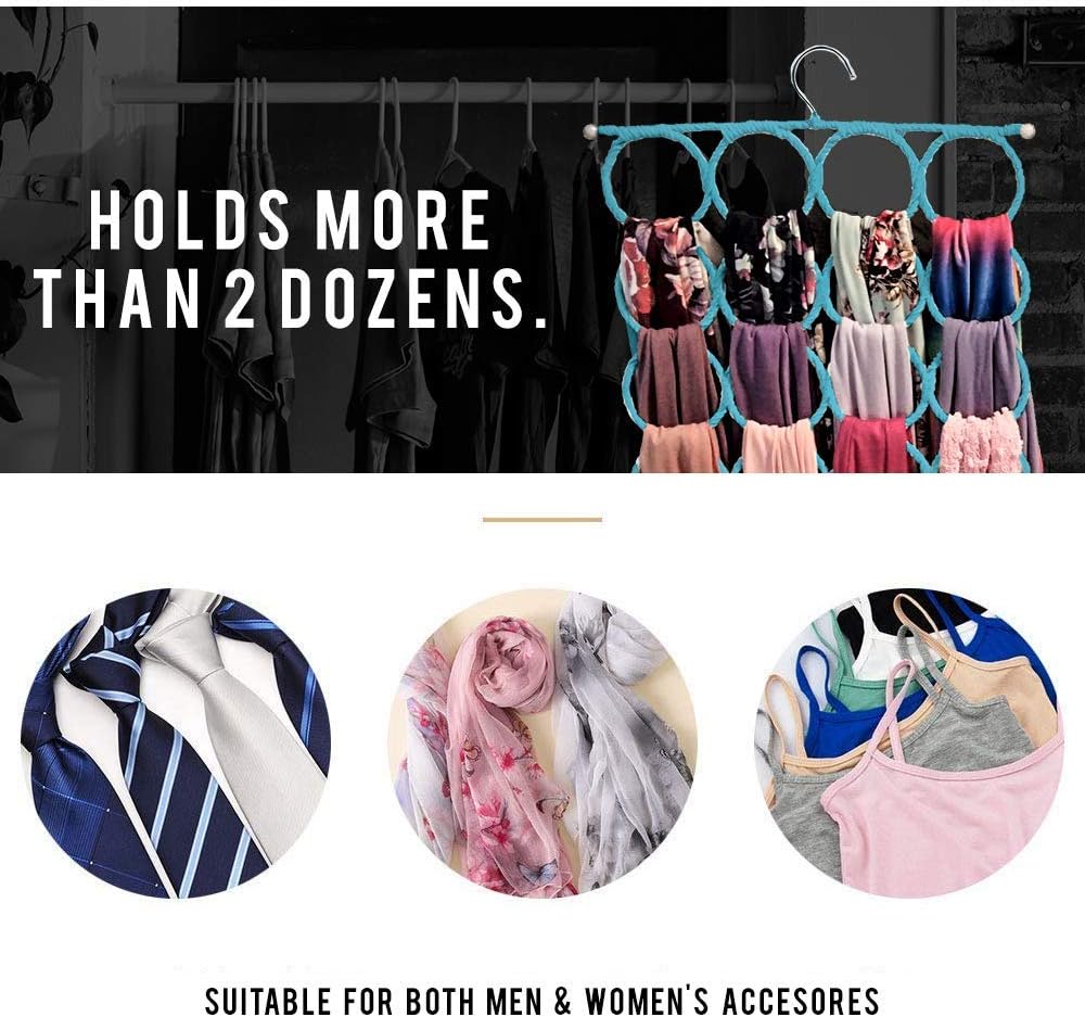 Scarf Hanger ~ Multiple Purpose Holder for Closet ~ Clutter Removing and Space-Saving Hanger for Scarves, Shawl, Belts & Accessories ~ Scarf Hanger 28 Rings (Sky Blue)