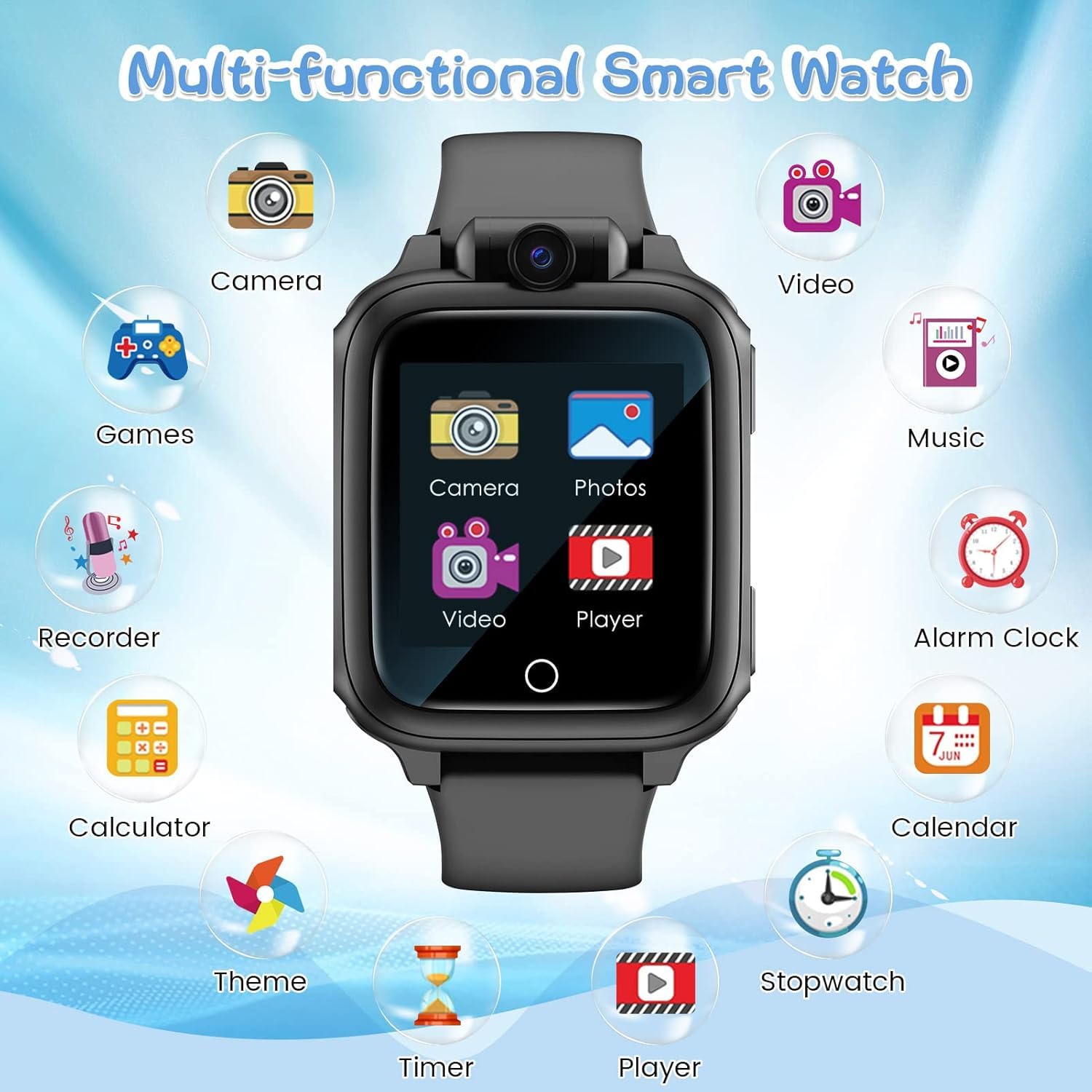 Awatty Smartwatch Kinder, Kinderuhr Jungen Mädchen, Kinderspielzeug 3 4 5 6 7 8 9 10 11 12 Jahre, Geburtstagsgeschenke, mit 90° drehbare Kamera, 14 Spiele, Musik, Wecker, Stoppuhr, Datum - Schwarz