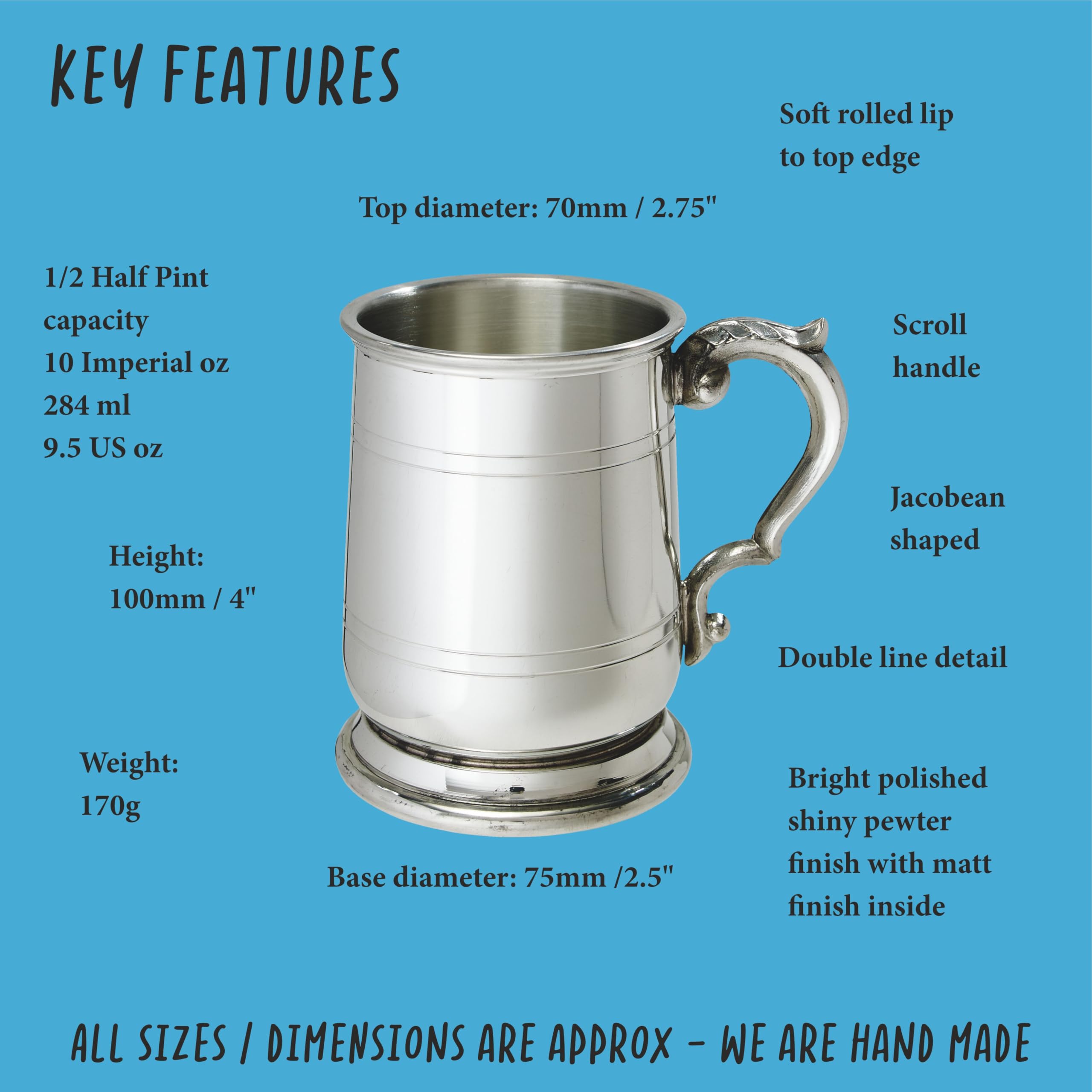 Wentworth Pewter Chope en étain jacobéen de demi-pinte – Chope à bière britannique classique avec style traditionnel jacobéen – Cadeau d'anniversaire, de mariage ou de fête des pères – Gravure