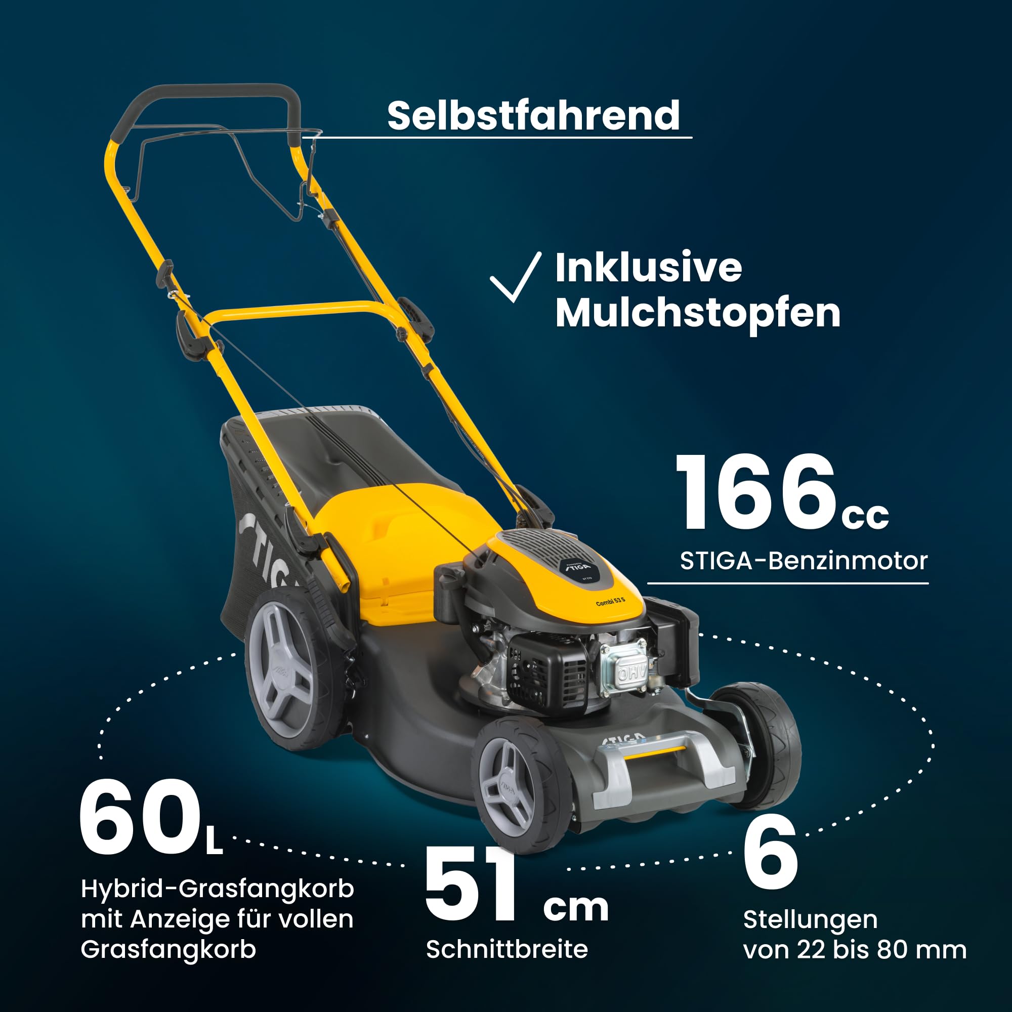 STIGA Combi 53 S Benzin-Rasenmäher, selbstfahrend, 51 cm Stahlmähwerk, 166 CCM Motor, 60 L Grasfangkorb, 3-in-1 Mähsystem, verstellbare Griffe, Yellow (gelb)