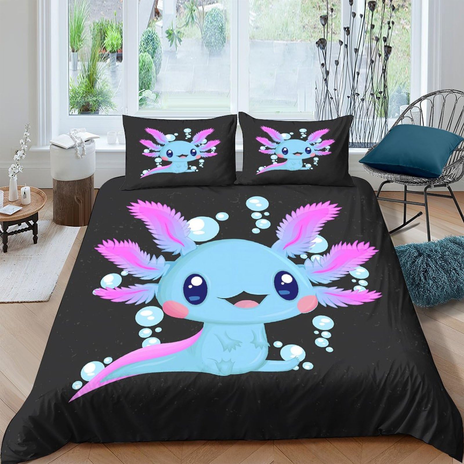 Ctjqhvkz Style-1 3D Printed Cute Blue Axolotl Fitted Sheet Microfiber Soft Cartoon Pink Gills Bed Cover For Bedroom Guest Room Dorm Decor Single（135X200cm）