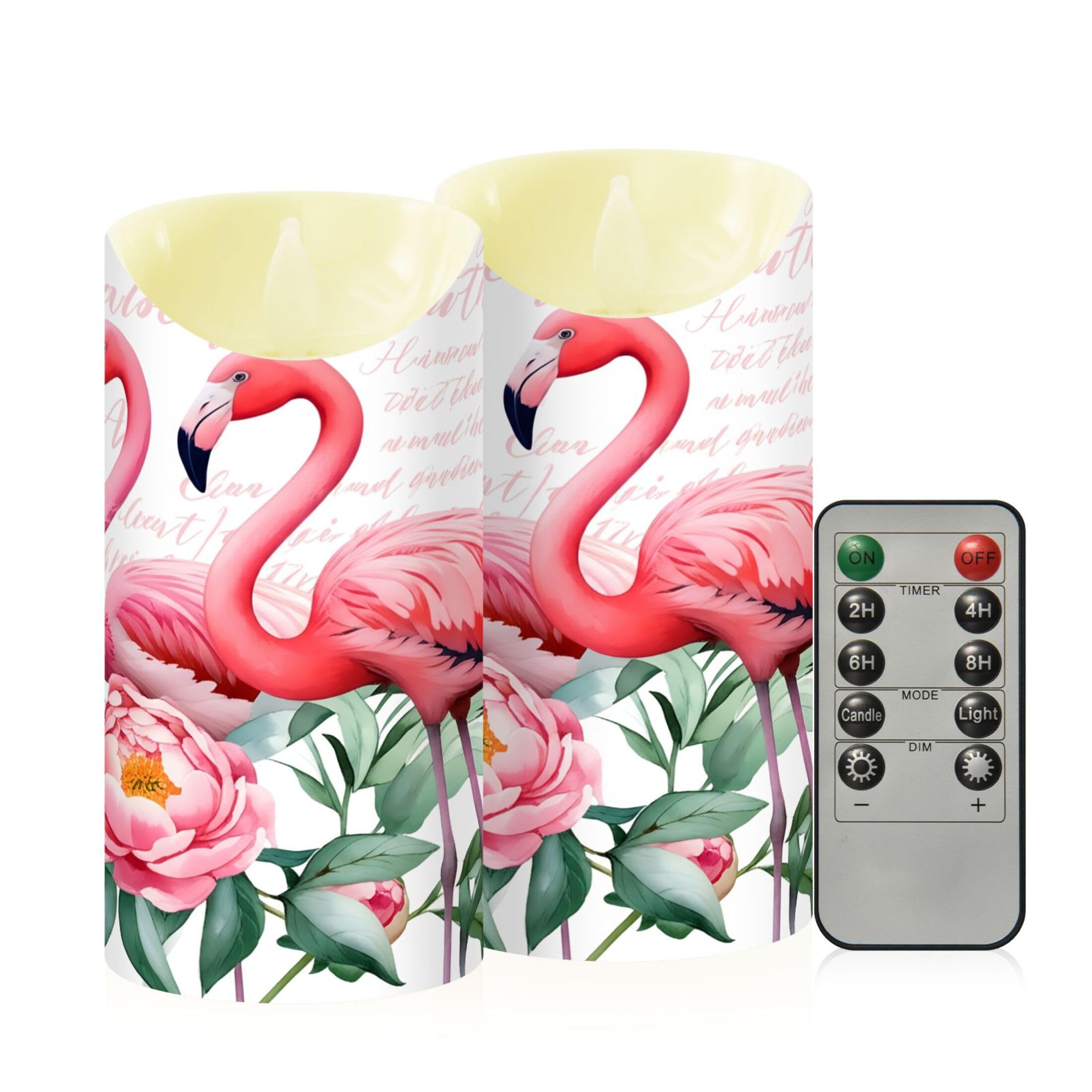 Kutsu Flamingoes Flameless Candles Set of 2, Battery Operated LED Flickering Candles with Remote and Timer, Plastic Pillar Candles for Home Wedding Decor