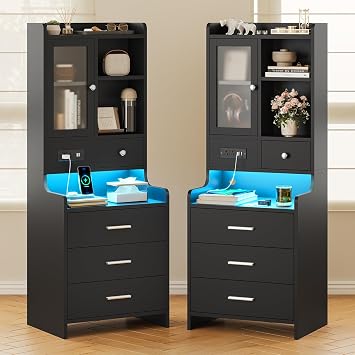ADORNEVE Black Night Stand Set of 2 with Drawers | 49.2" LED Nightstand,Tall Bedside Table with Bookshelf and Charging Station,Side Tables Bedroom