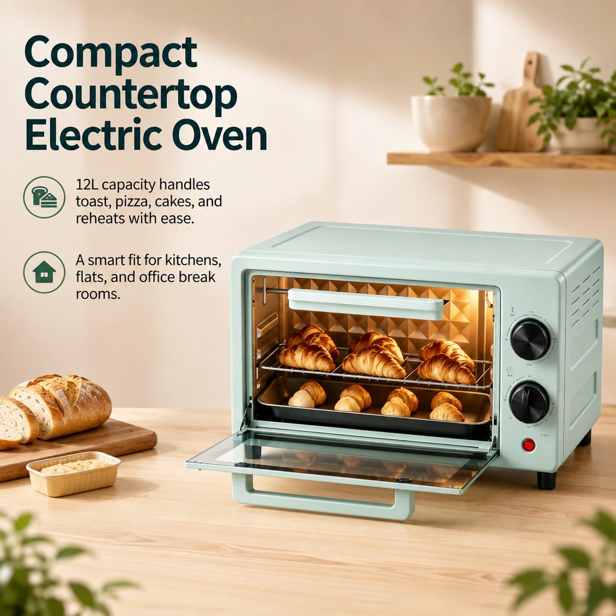 Horno eléctrico encimera, 12 L, 600 W, temporizador 60 minutos
