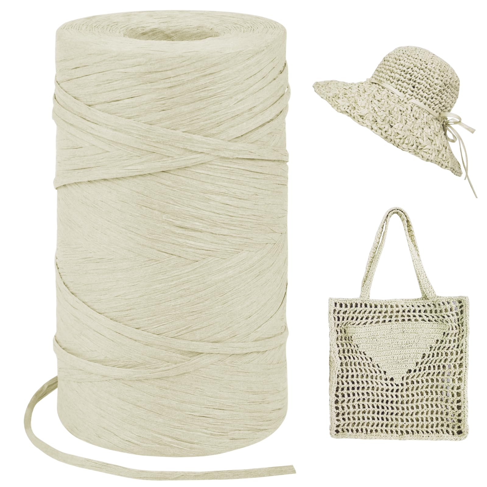 LEREATI Milky White Raffia Yarn for Crochet Bags, 3mm x 300m Flat String Raffia Ribbon for Gift Wrapping, Paper Ribbon Yarn for Crocheting Sun Hat, Bag, DIY Crafts, Holiday Decoration