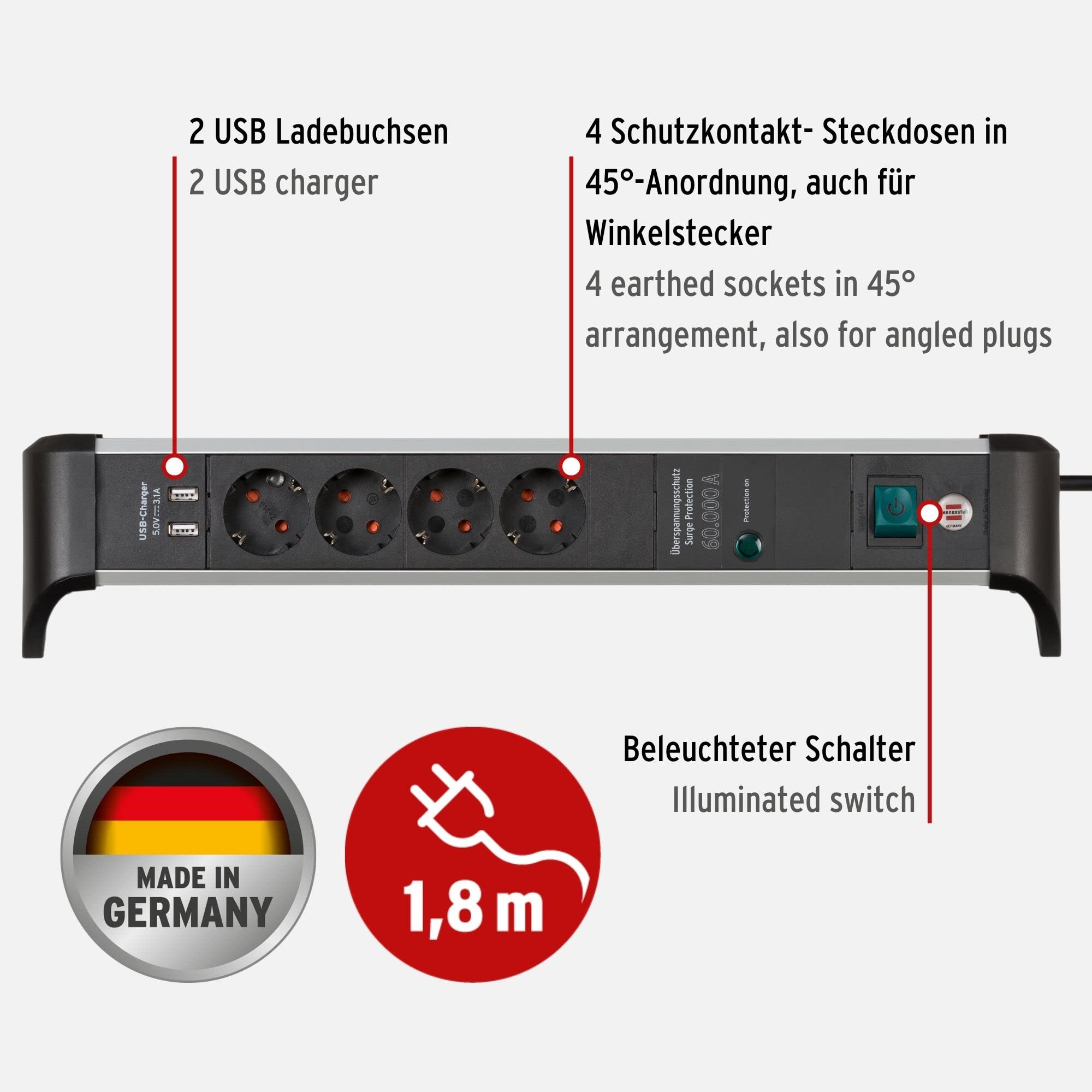 Brennenstuhl Alu Office-Line Ciabatta elettrica a 4 prese con USB e protezione da sovratensioni (presa multipla con interruttore, cavo da 1,8 m, 2 porte USB 3,10 A, Made in Germany