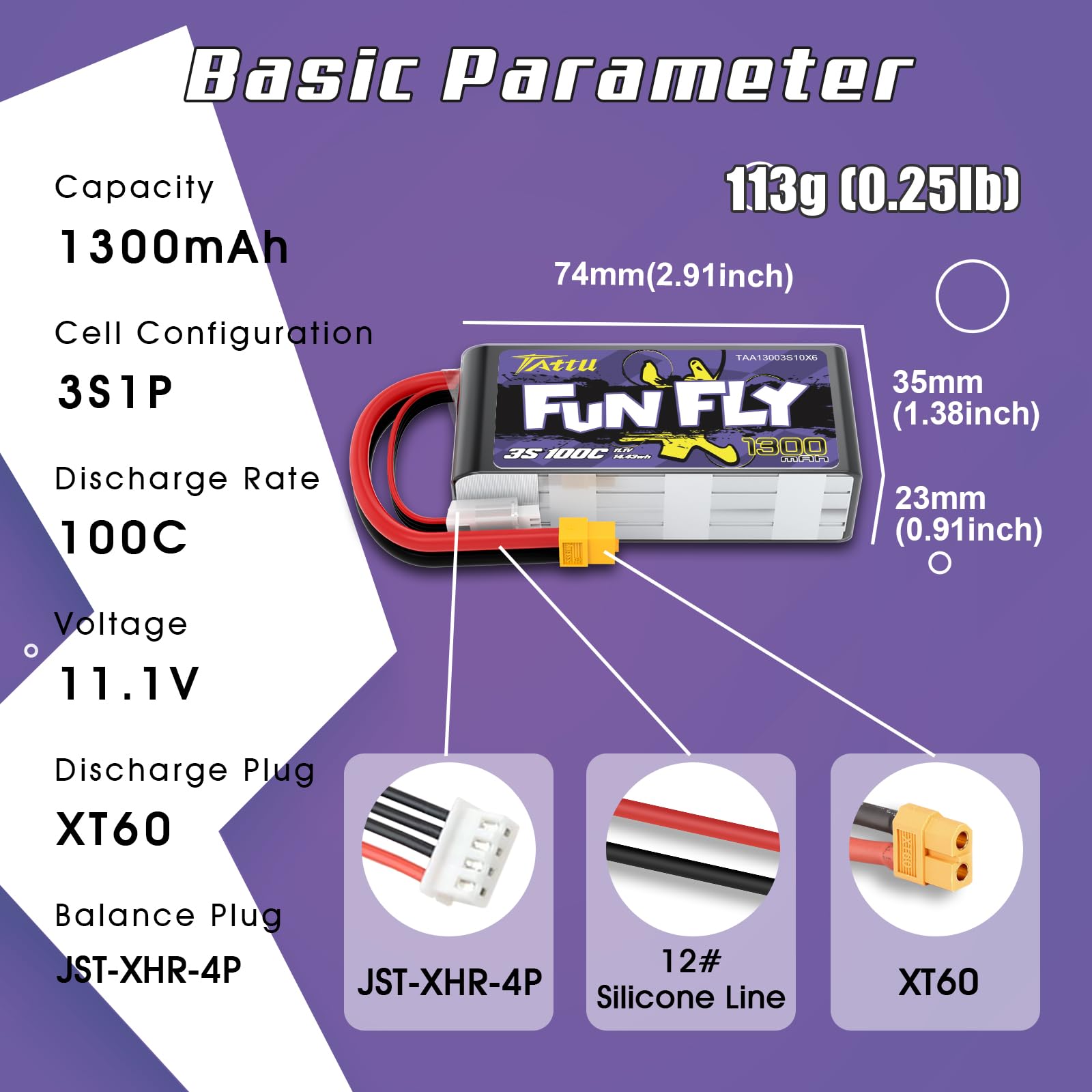 Tattu 3S LiPo 1300mAh 11,1V 100C Funfly Batería con conector XT60 para UAV, Drones FPV y Quadricópteros