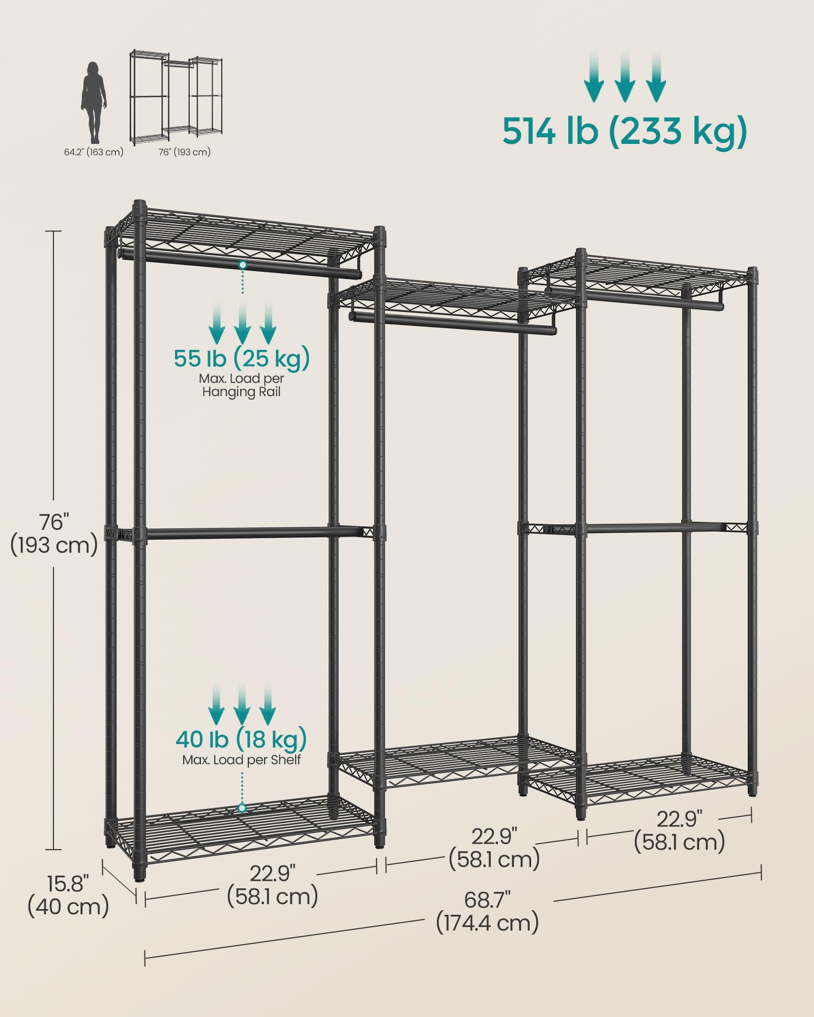 SONGMICS Robuster Kleiderständer, tragbarer Schrank, 170 cm breit, mit verstellbaren Netzablagen und Kleiderstangen, Tintenschwarz ULGR433B01