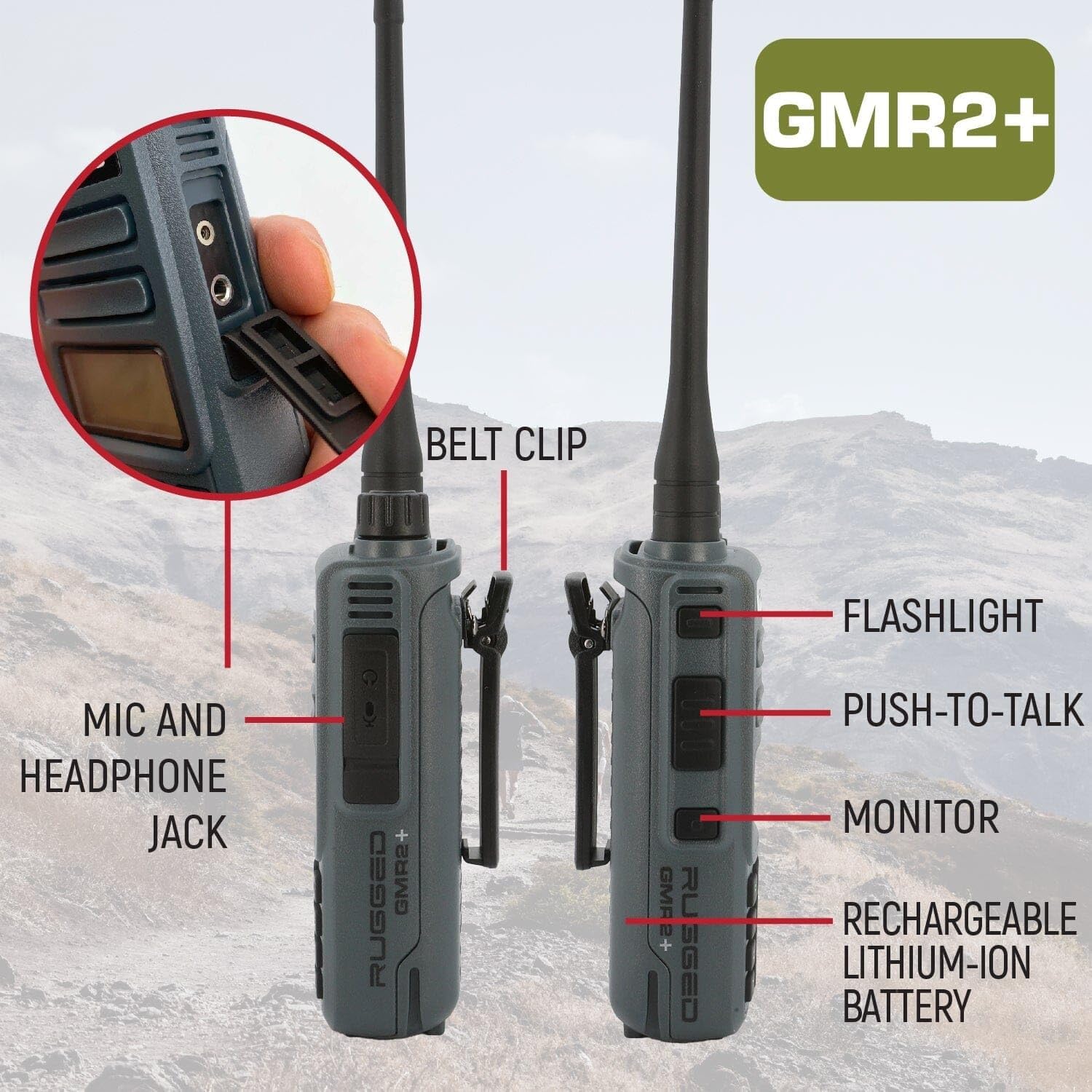 Close-up view of the Rugged Radios GMR2 Plus showing the Mic and Headphone Jack, Belt Clip, Flashlight, Push-to-Talk, Monitor, and Rechargeable Lithium-Ion Battery.