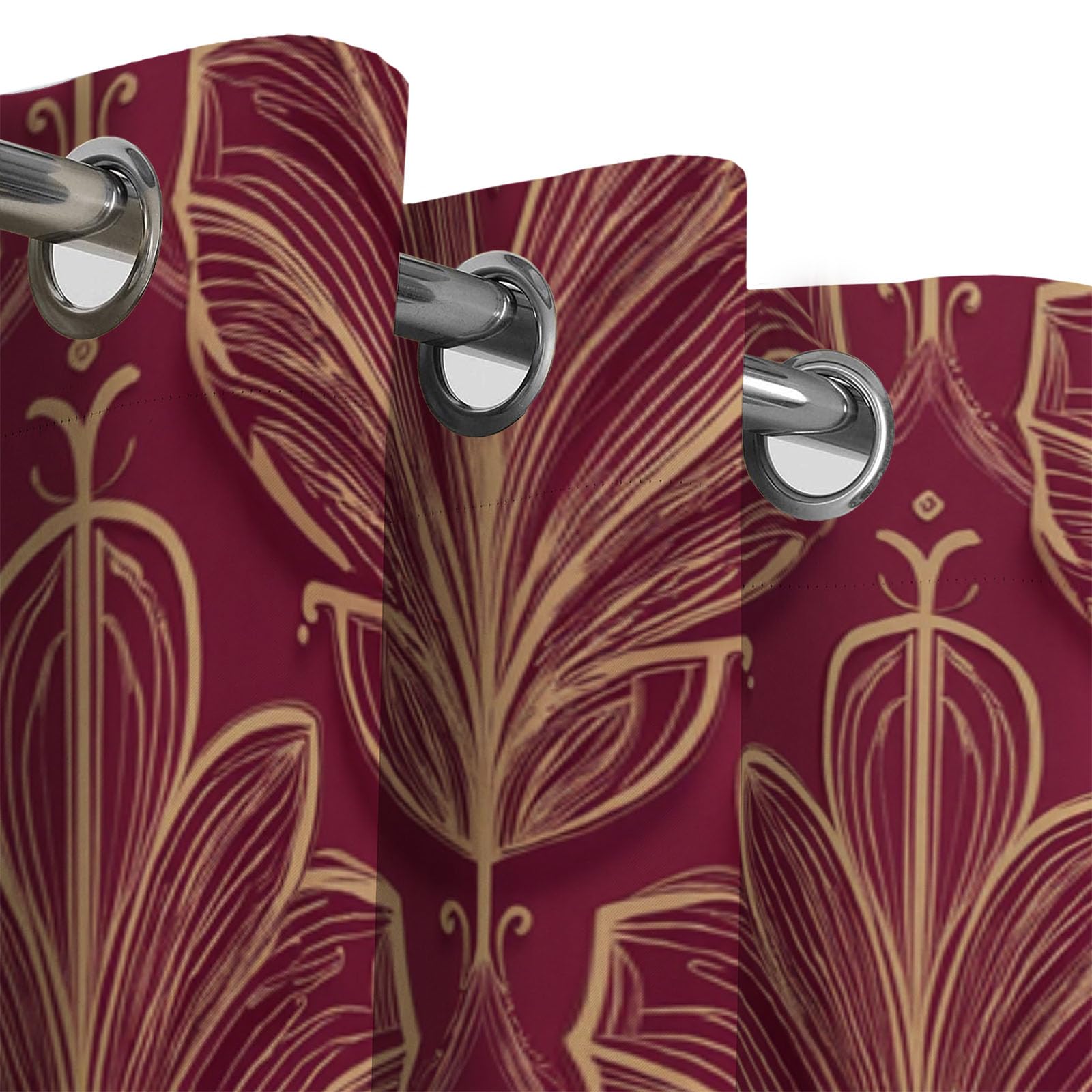 Rideau Occultant Thermique Anti Froid Luxe Rayures Feuilles, 110Lx215H Cm Lot De 2 À Oeillets, Tenture Opaque Art Botanique Decoration pour Chambre Salon Intérieurs, Rouge Bordeaux
