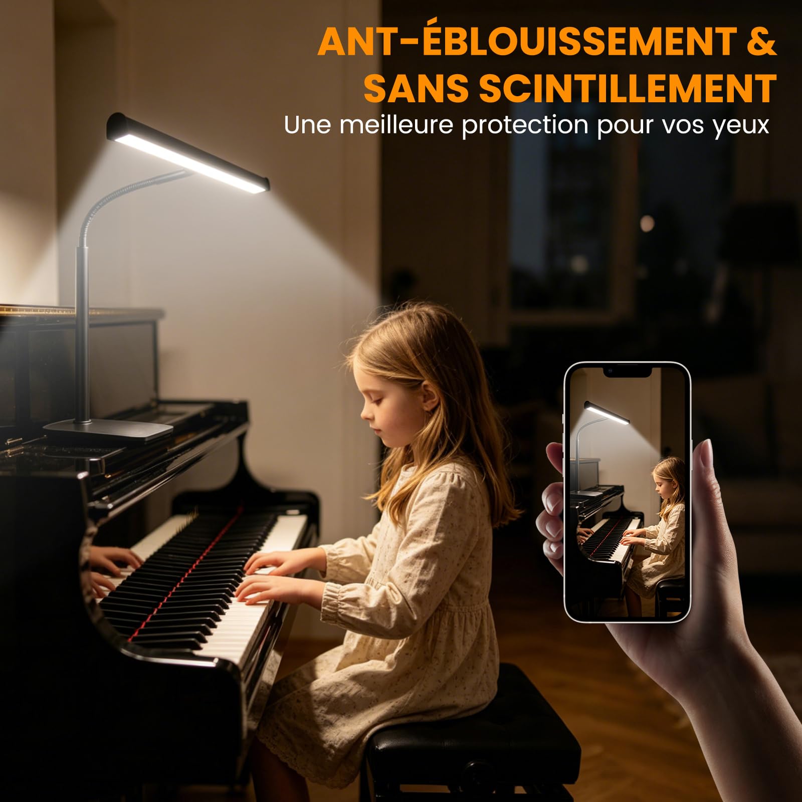 Lampe LED pour Piano, 3 modes de couleur, 10 niveaux de luminosité réglables, alimentation USB, tube flexible à 360°, socle métallique stable, adaptée au piano, piano à queue et bureau