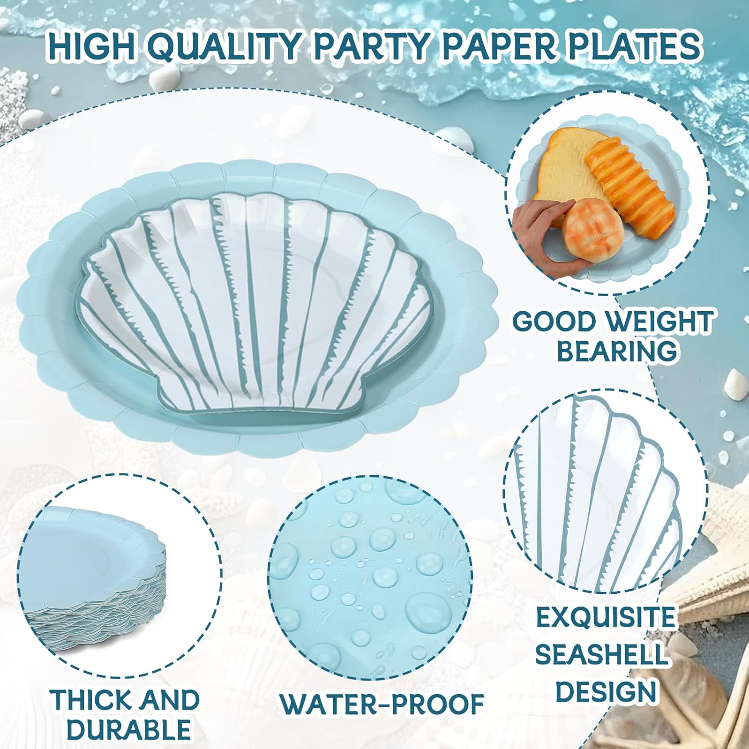 100 Pcs Ocean Seashell Party Plates Supplies Set 7'' Seashell Disposable Paper Plates 9'' Floral Shaped Paper Plate for Summer Coastal Beach Mermaid Themed Birthday Baby Shower Decoration
