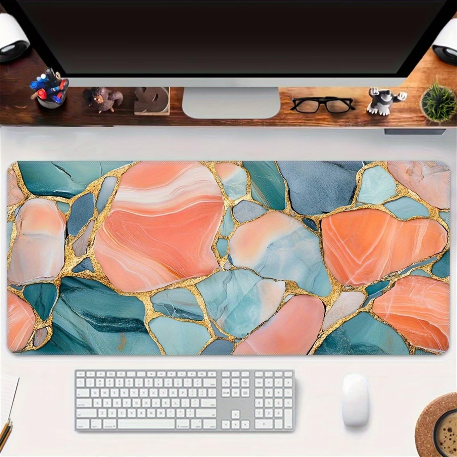 Tappetino per Mouse da Gioco XXL 1200x600x3 mm, Desk Pad Grande con Bordi Cuciti, Base in Gomma Antiscivolo, Accessorio per Ufficio e PC (Marmo Verde Rosa)