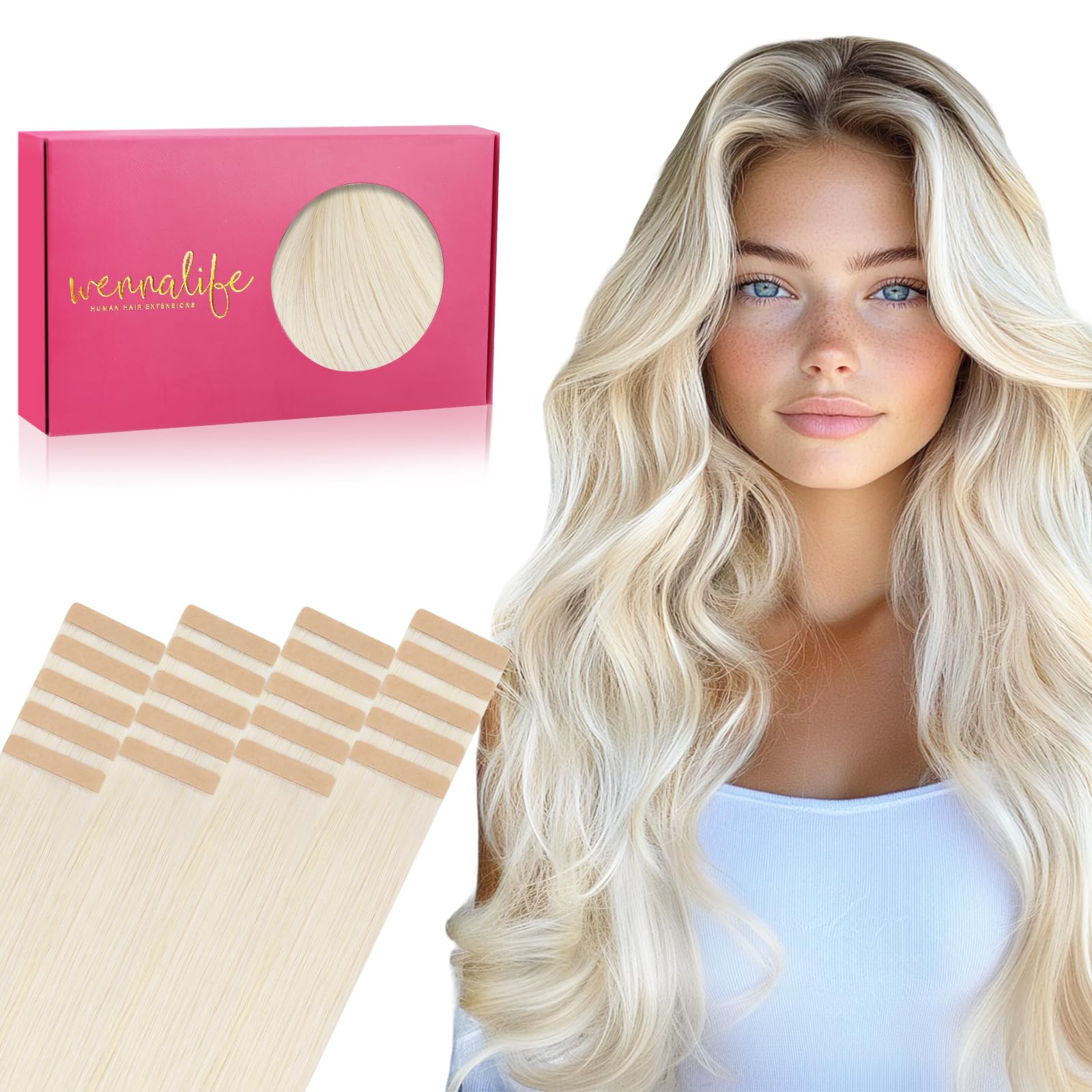 WENNALIFE Tape in Hair Extensions Human Hair, 20pcs 50g 24 inch White Blonde Remy Hair Extensions Straight Human Hair Tape in Extensions Skin Weft