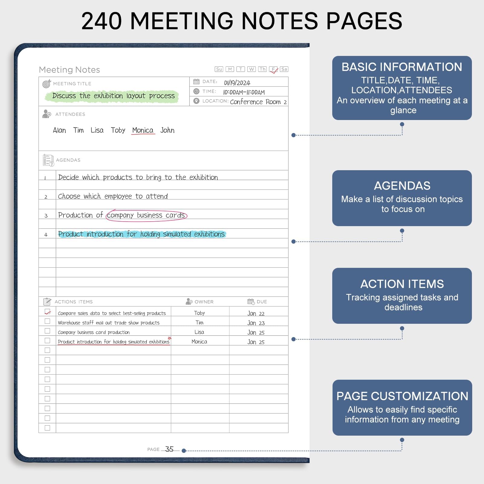 EMSHOI Meeting Notebook A4 Project Organiser, 240 Pages Hardback Notepad with Sticky Notes,100gsm Paper, Pen Loop - Image 3
