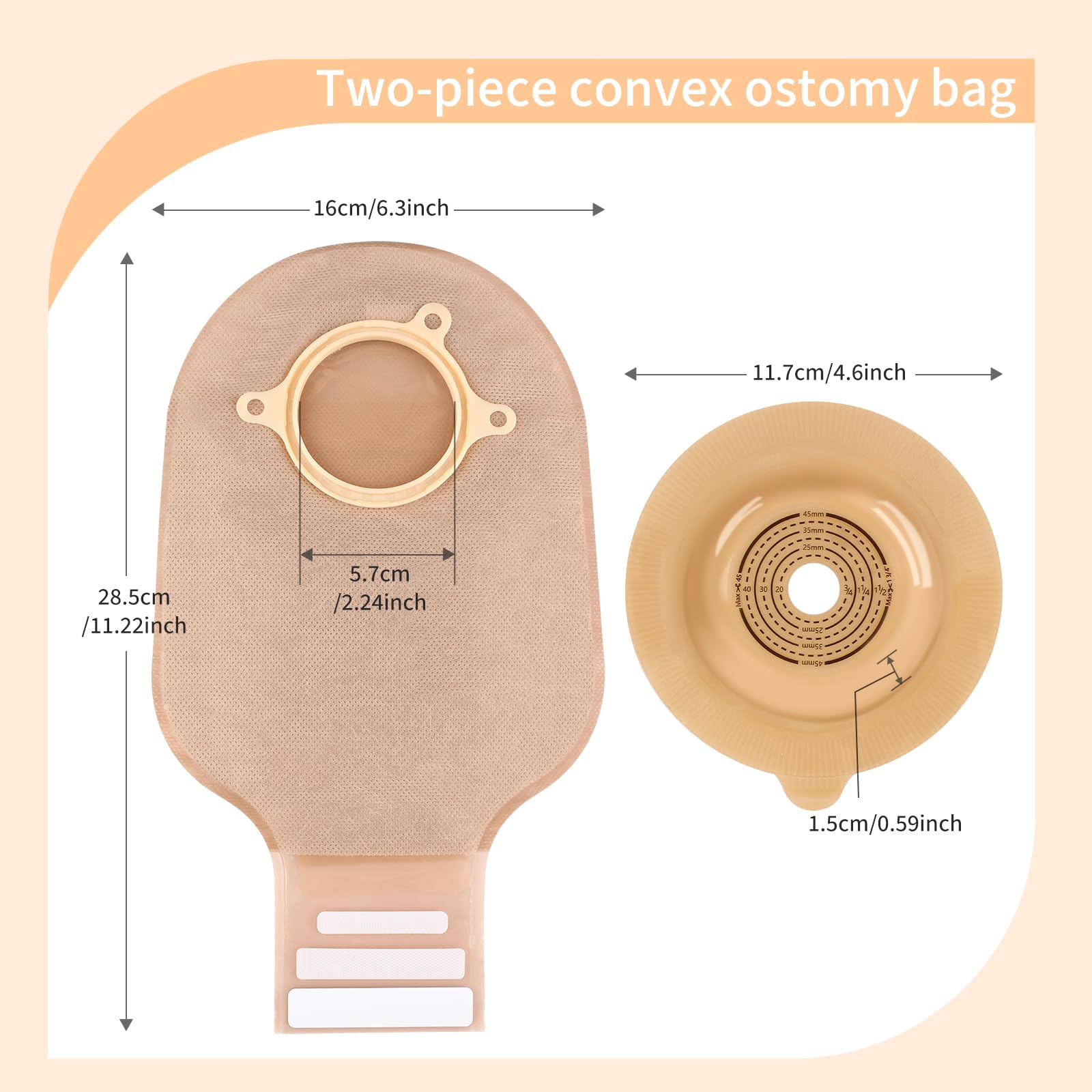 30 bolsas de ostomía convexas para ostomía de dos piezas, bolsas de ostomía drenables para piel irregular, estoma irregular, 45 mm máximo (20 bolsas + 10 barreras convexas)