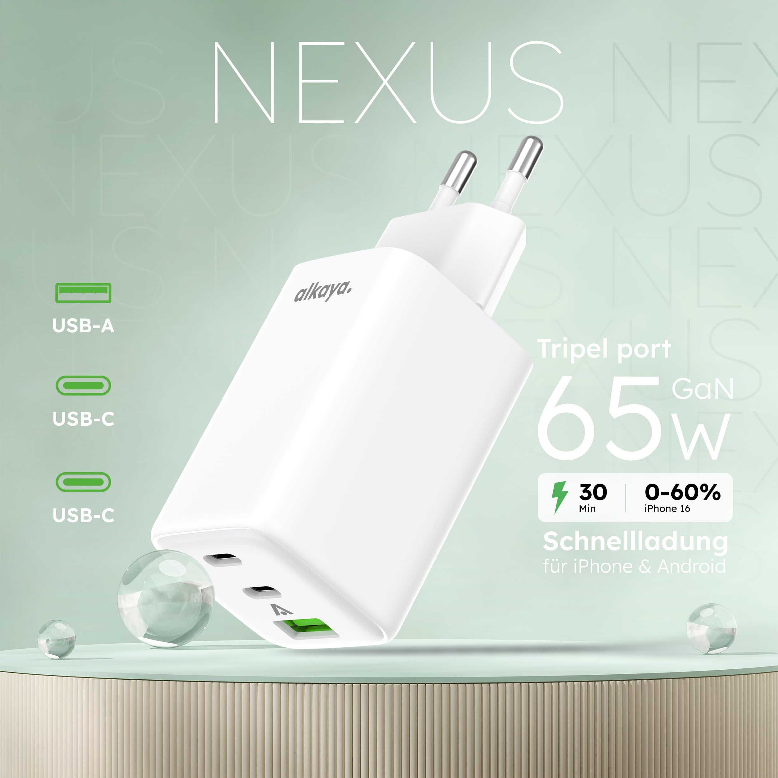 USB-C+C+A, caricabatterie rapido Apple, Samsung, Xiaomi, Huawei, Sony, Google spina di ricarica a 3 porte, colore bianco