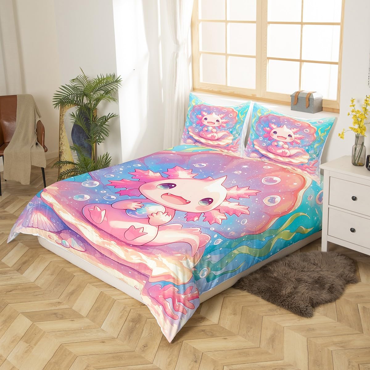 Loussiesd Cute Axolotl Bedding Set for Girls Boys Kids Single Size Cartoon Salamander Comforter Cover Set Kawaii Ocean Sealife Duvet Cover Ocean Bedspread Cover 2Pcs Pink Quilt Cover - Image 3